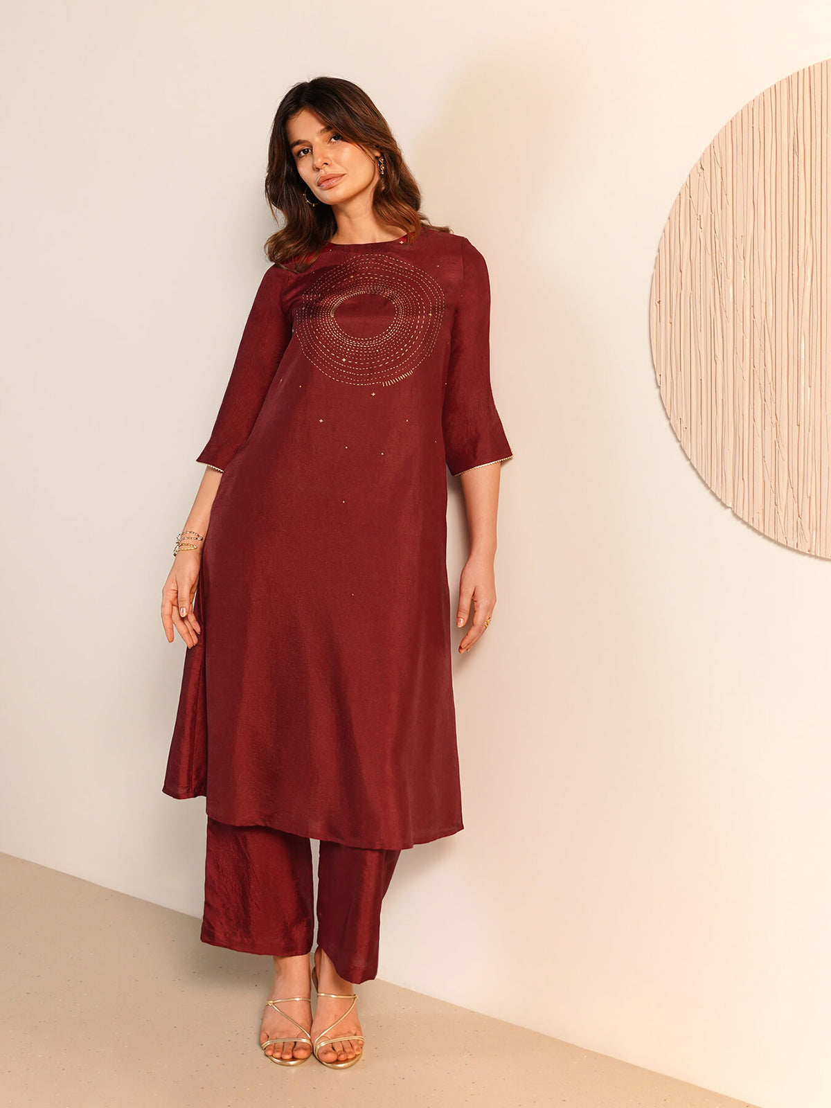 Viscose Silk Placement Geometric Print Kurta Set - Maroon