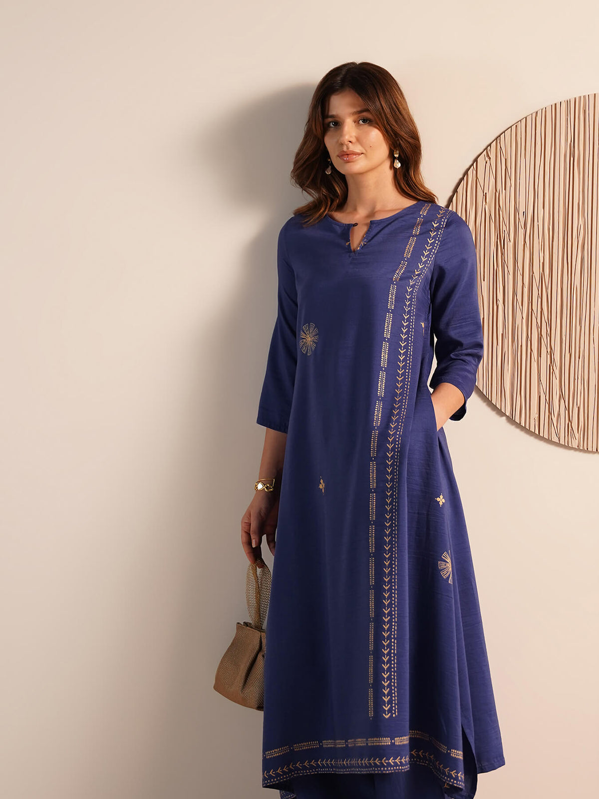 Viscose Silk Geometric Print Kurta Set - Blue