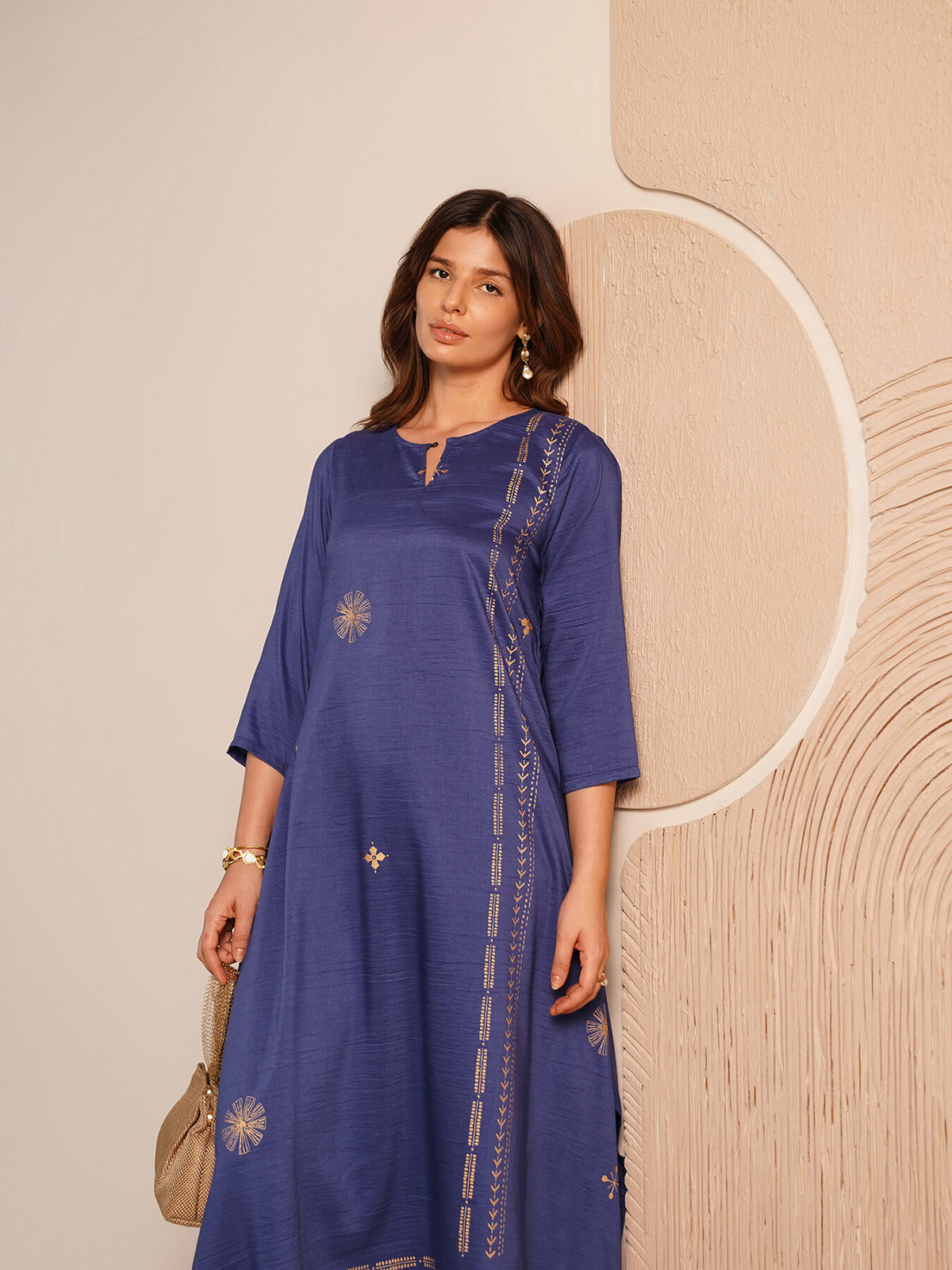 Viscose Silk Geometric Print Kurta Set - Blue