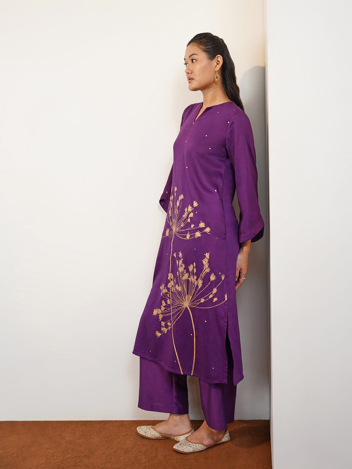 Viscose Silk Floral Placement Print Kurta Set - Purple