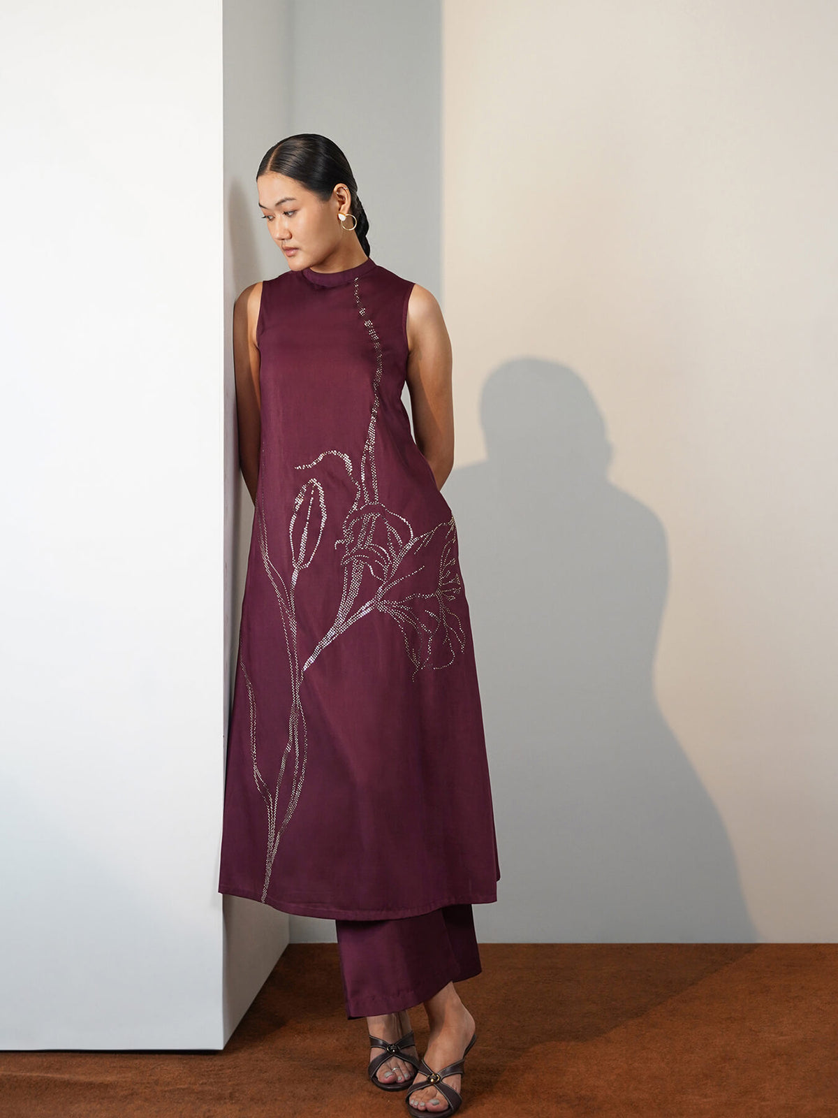 Silk Blend Placement Floral Print Kurta Set - Burgundy