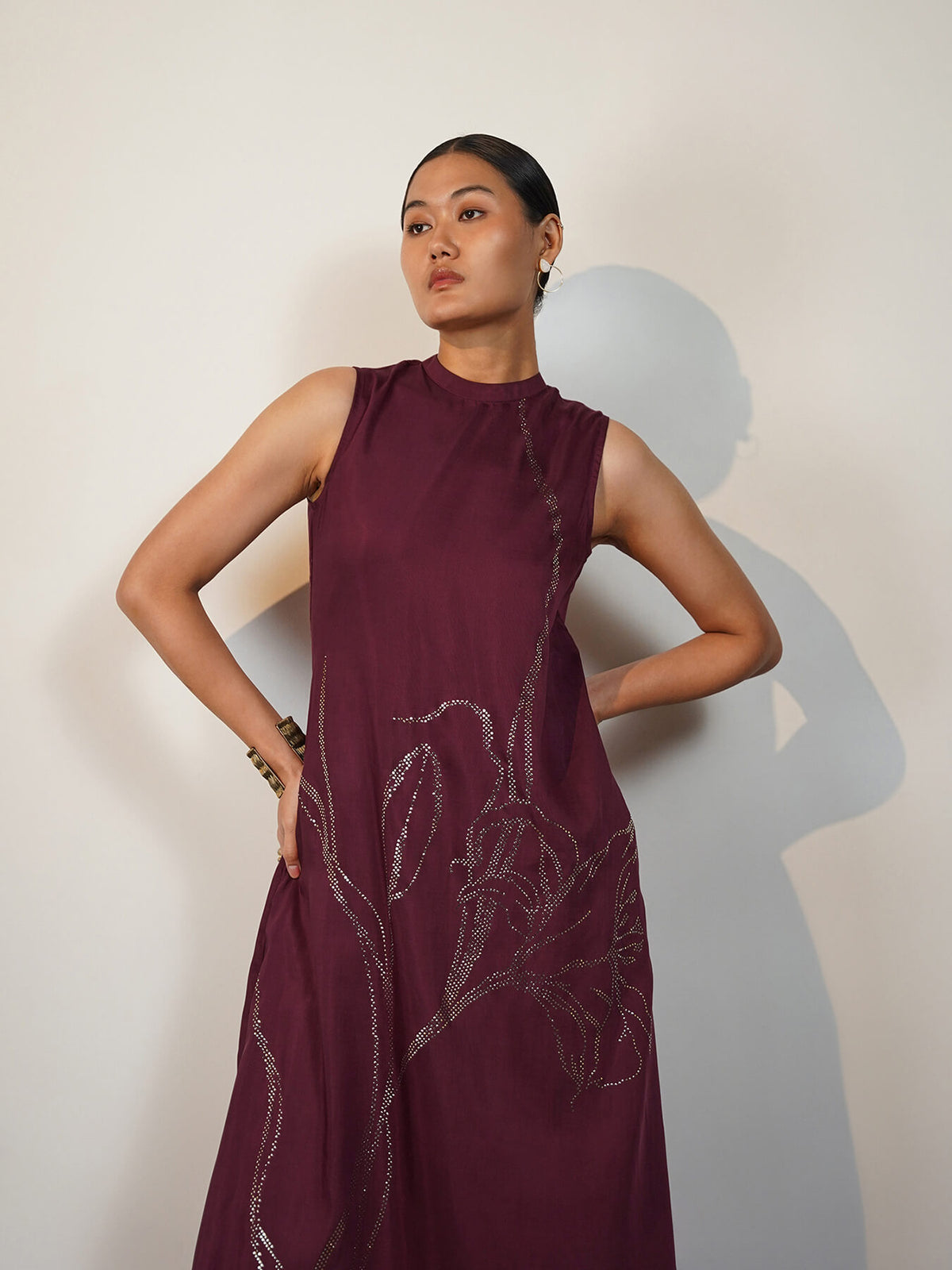 Silk Blend Placement Floral Print Kurta Set - Burgundy
