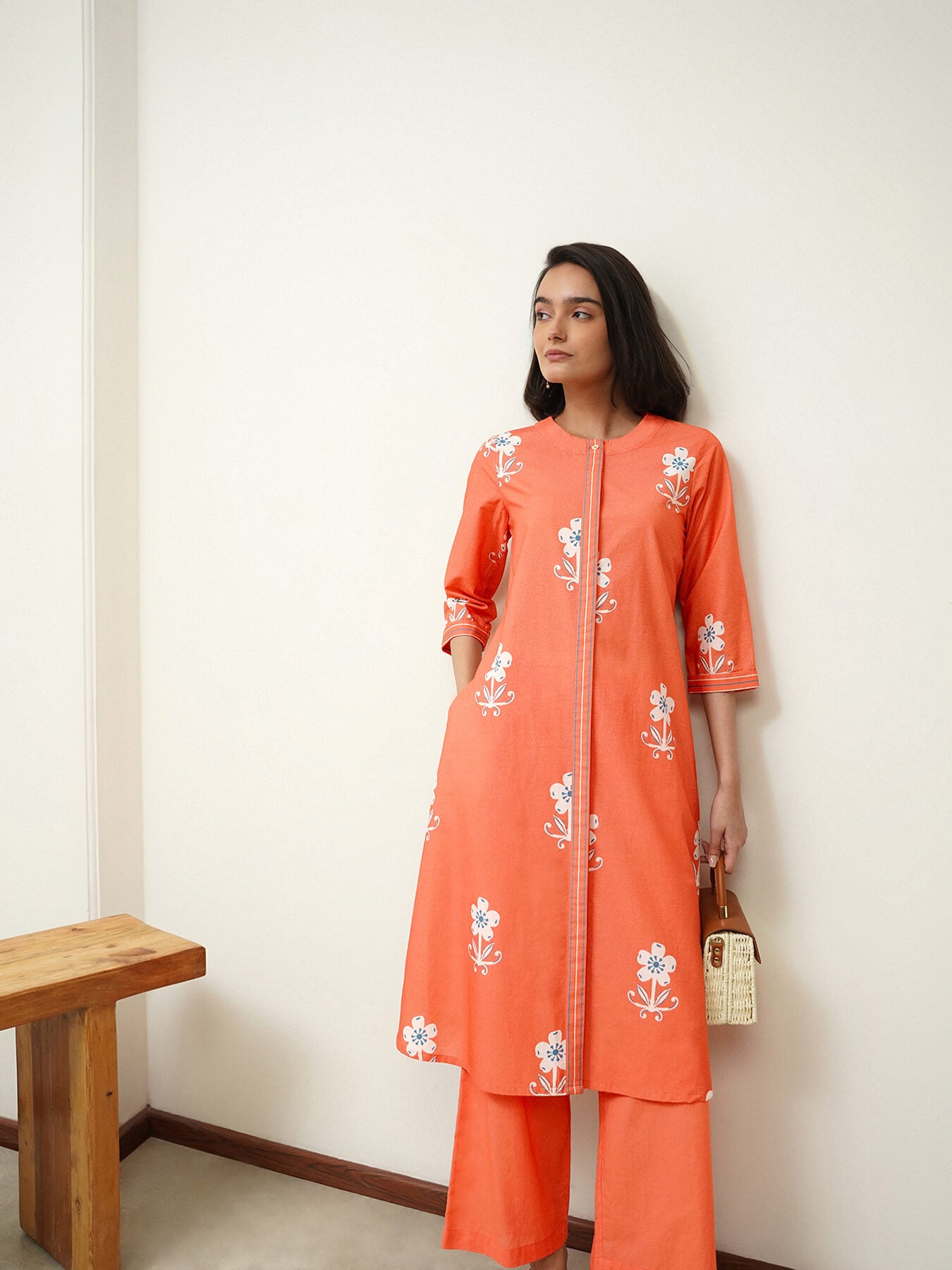 Cotton Floral A-Line Kurta Set - Peach