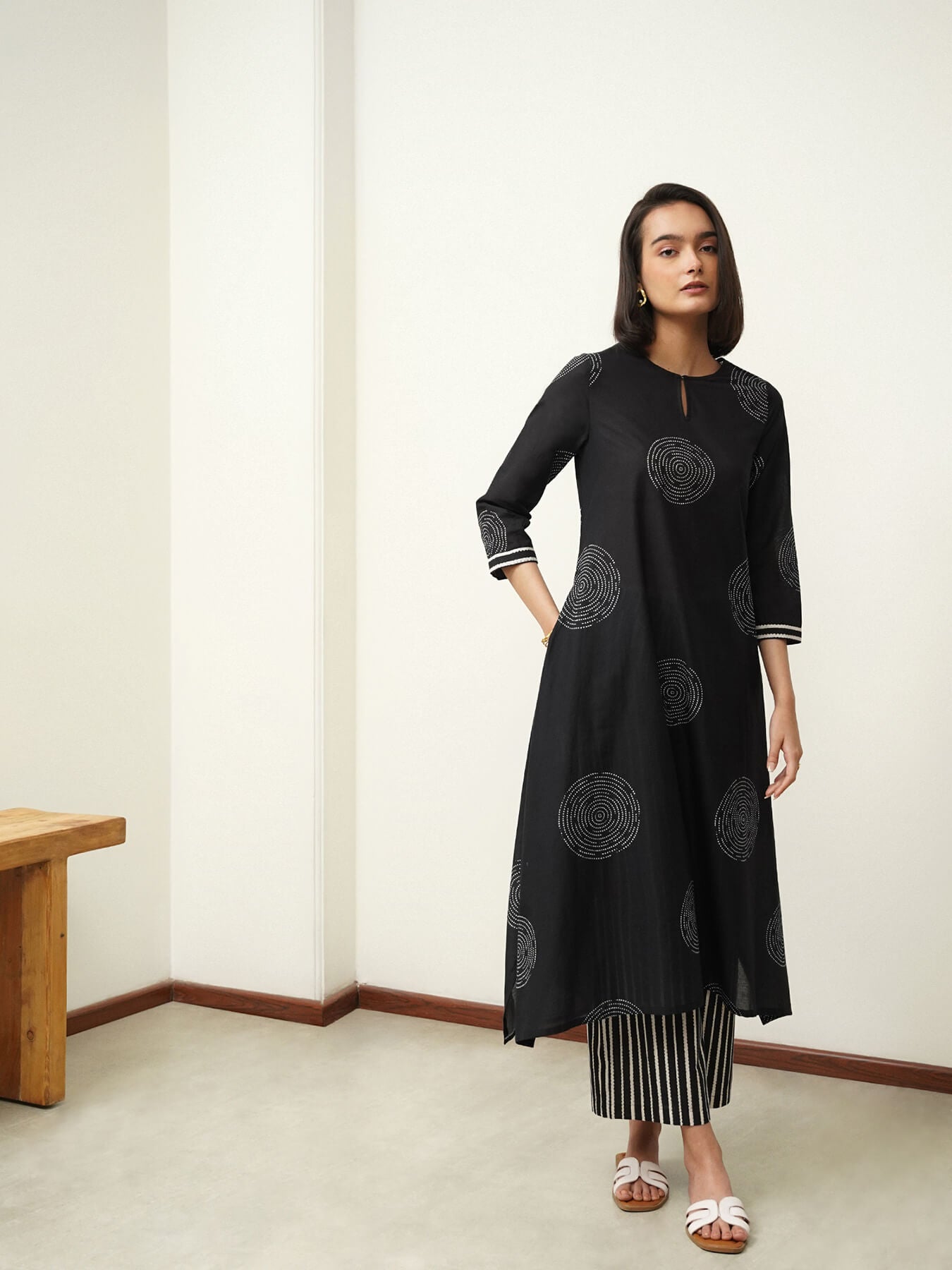 Cotton Geometric Asymmetric Kurta Set - Black