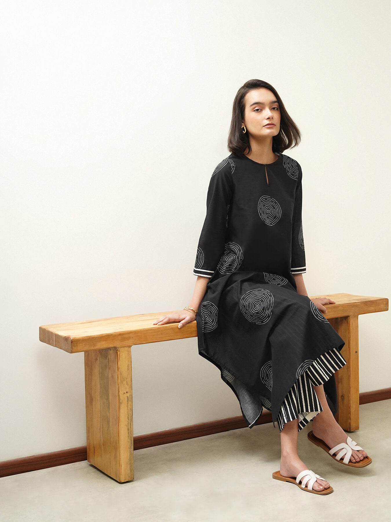Cotton Geometric Asymmetric Kurta Set - Black
