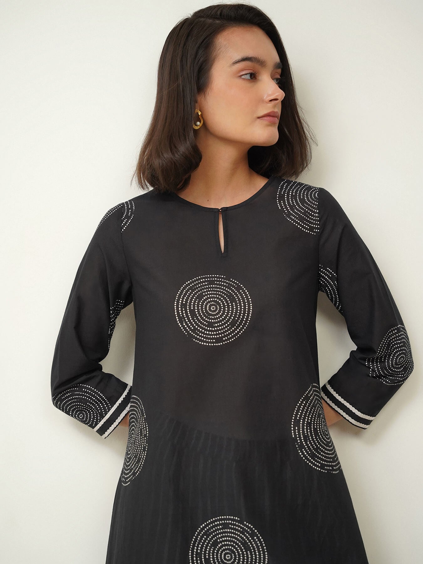 Cotton Geometric Asymmetric Kurta Set - Black