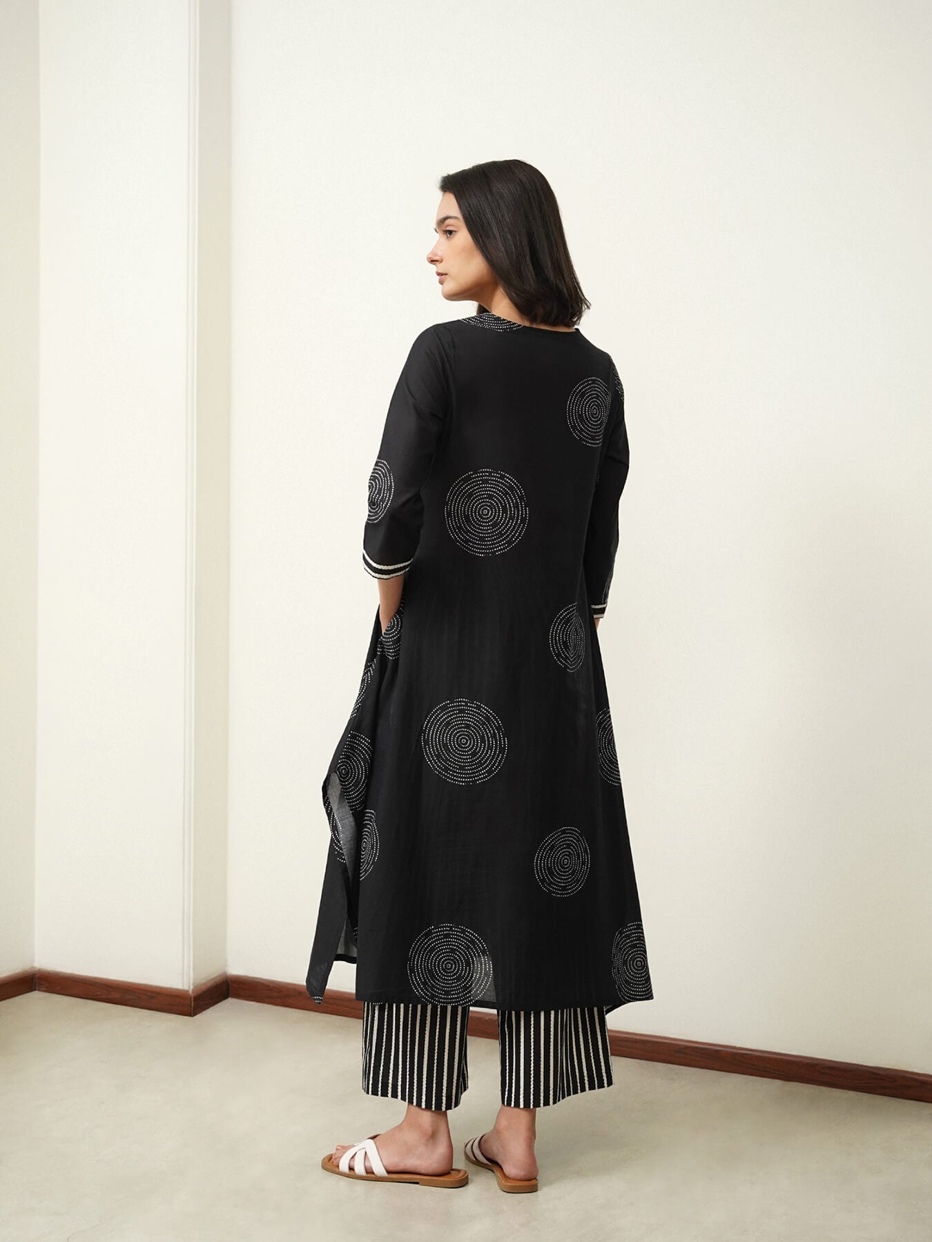 Cotton Geometric Asymmetric Kurta Set - Black