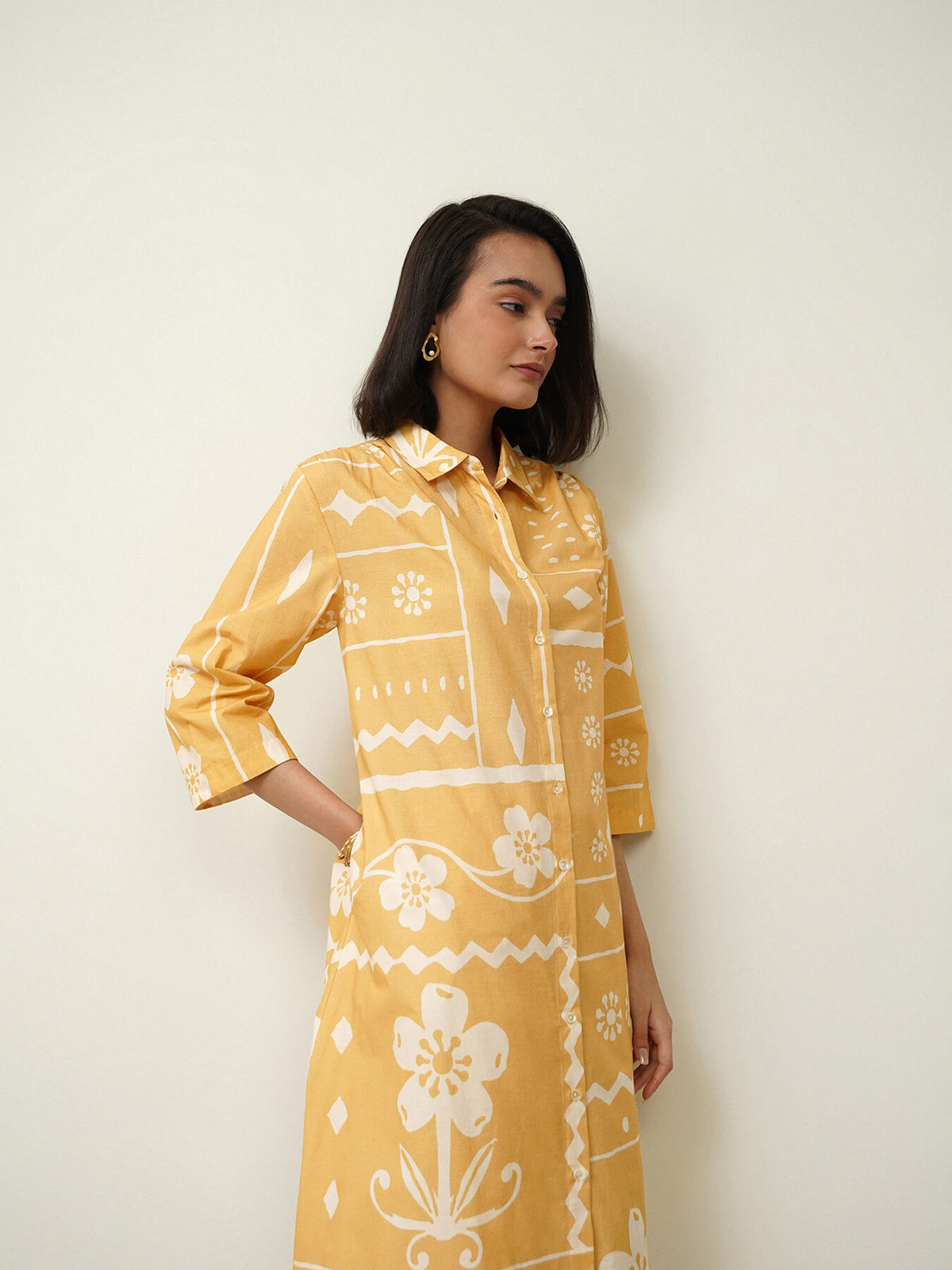 Cotton Floral Shirt Collar Kurta Set - Yellow