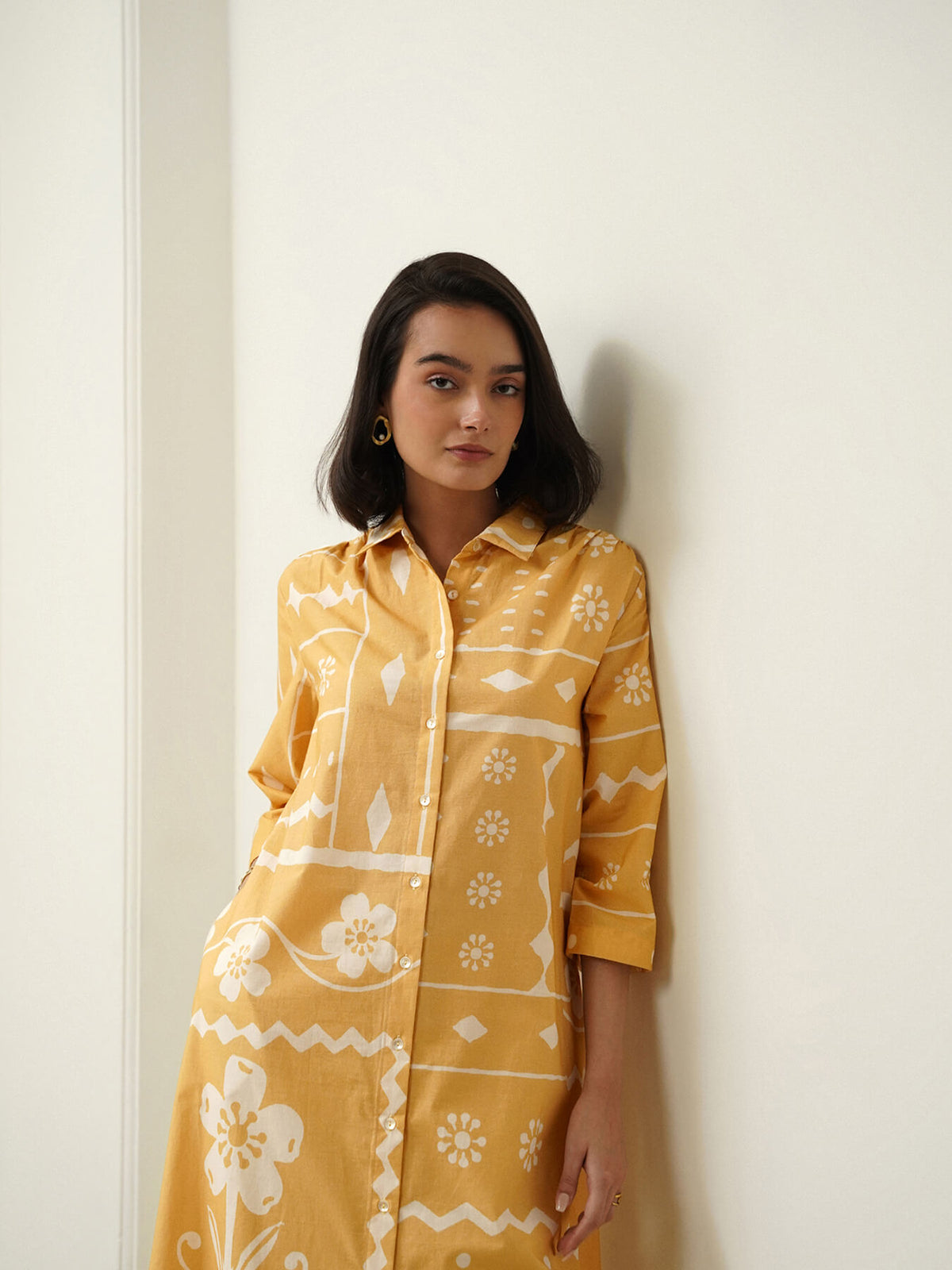 Cotton Floral Shirt Collar Kurta Set - Yellow