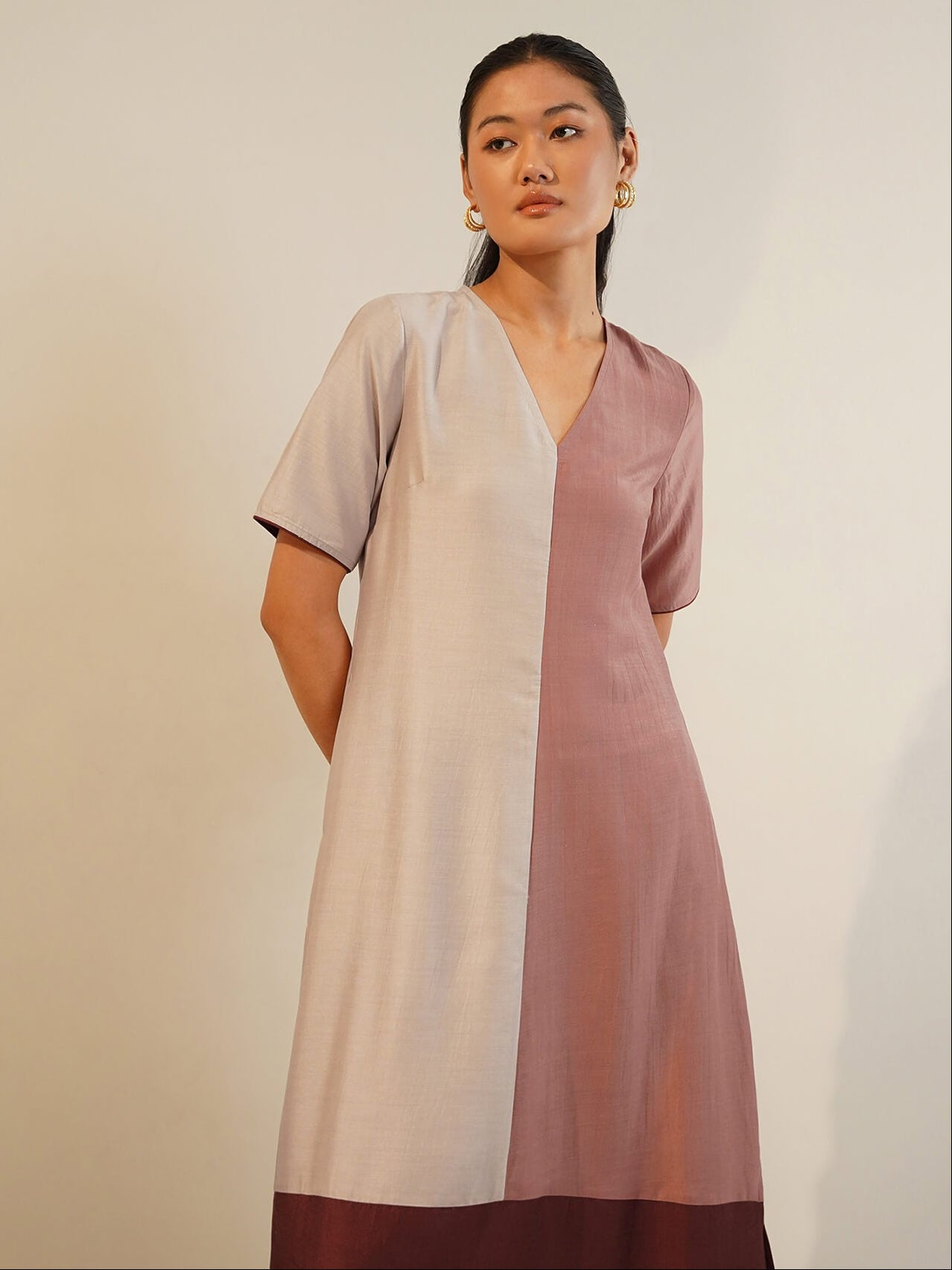 Silk Blend Colourblock Kurta Set - Beige and Rust