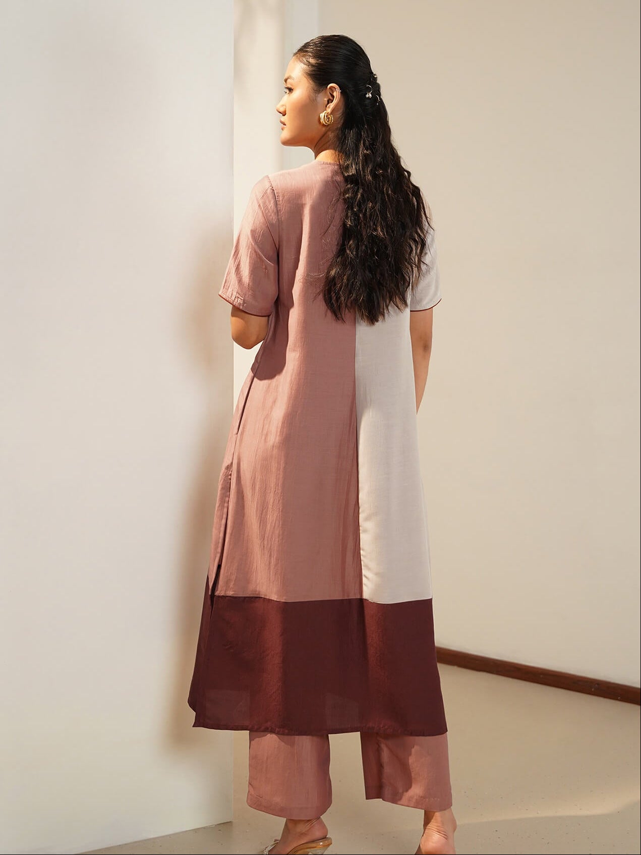 Silk Blend Colourblock Kurta Set - Beige and Rust