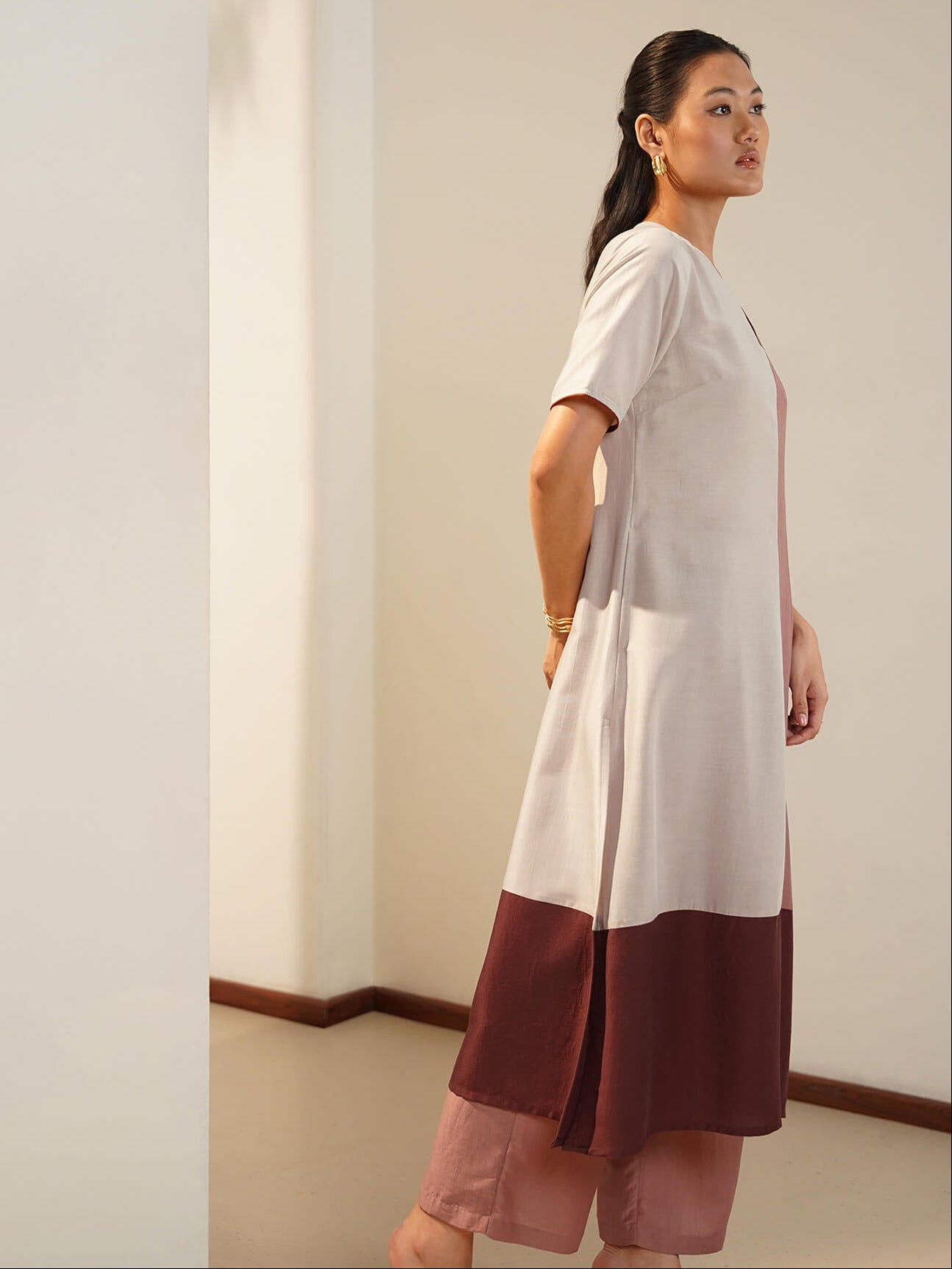 Silk Blend Colourblock Kurta Set - Beige and Rust