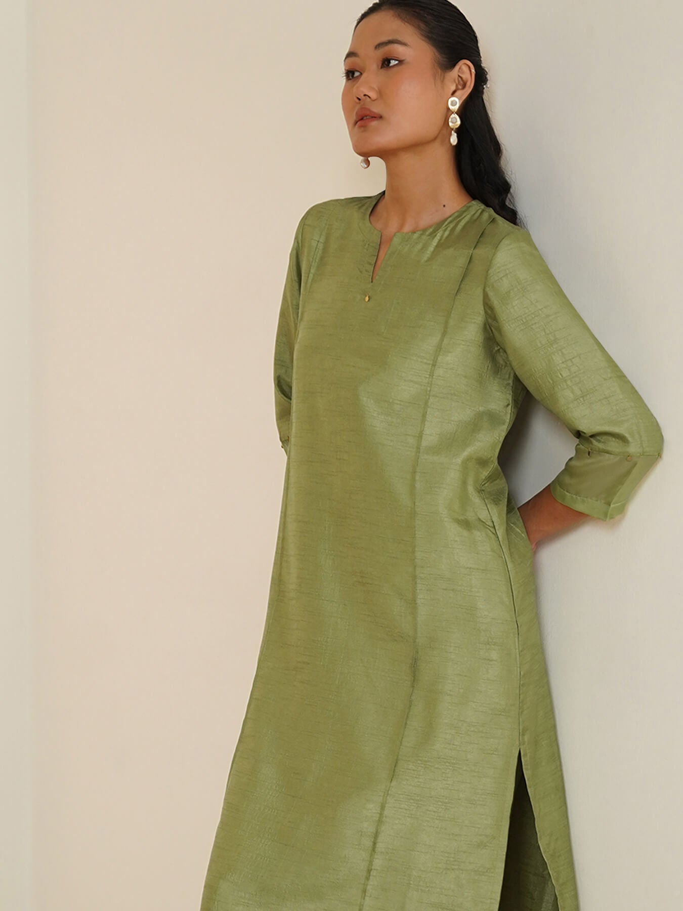 Silk Blend Solid Kurta Set - Green
