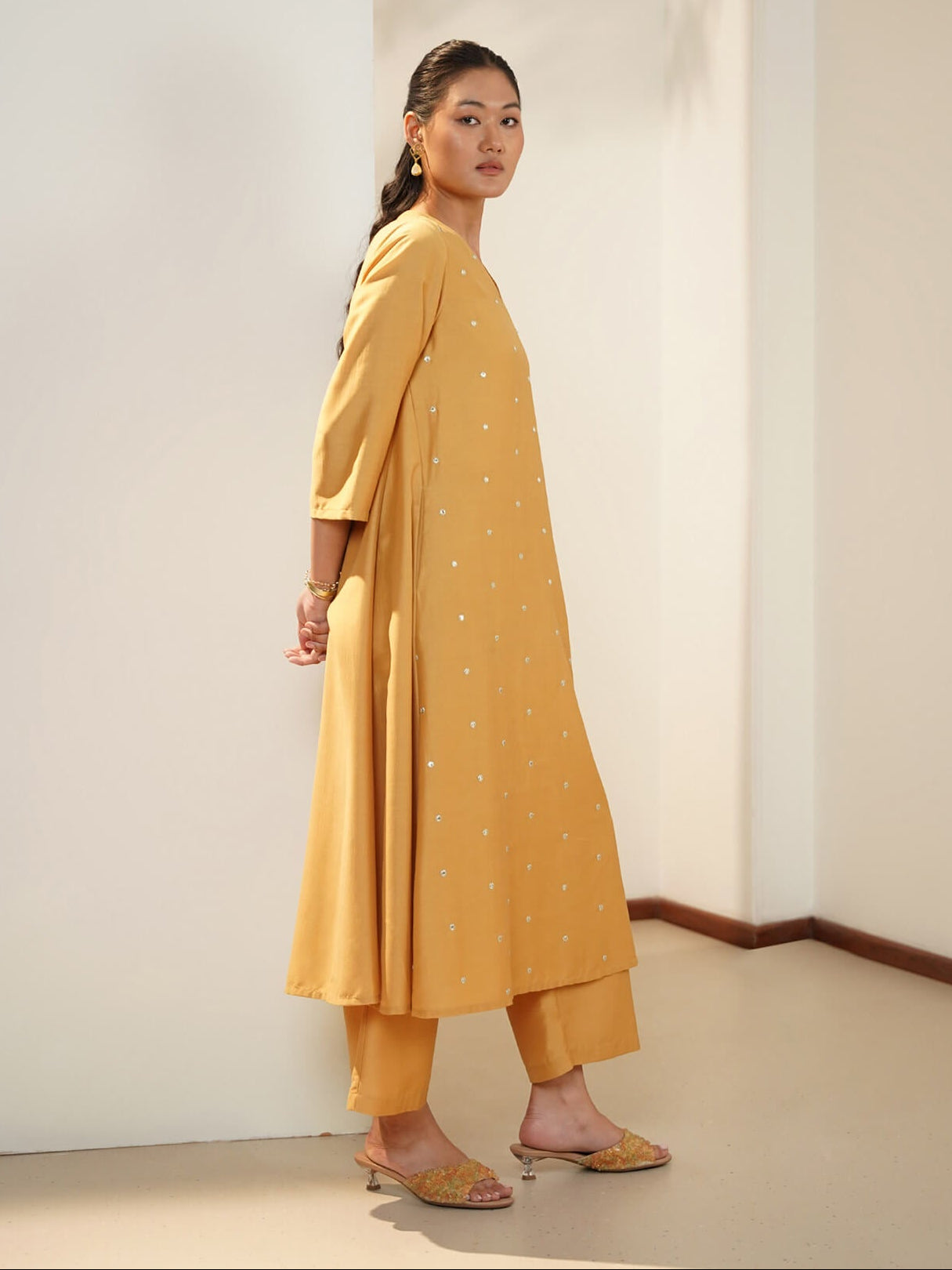 Silk Blend Embroidered A-Line Kurta Set - Yellow