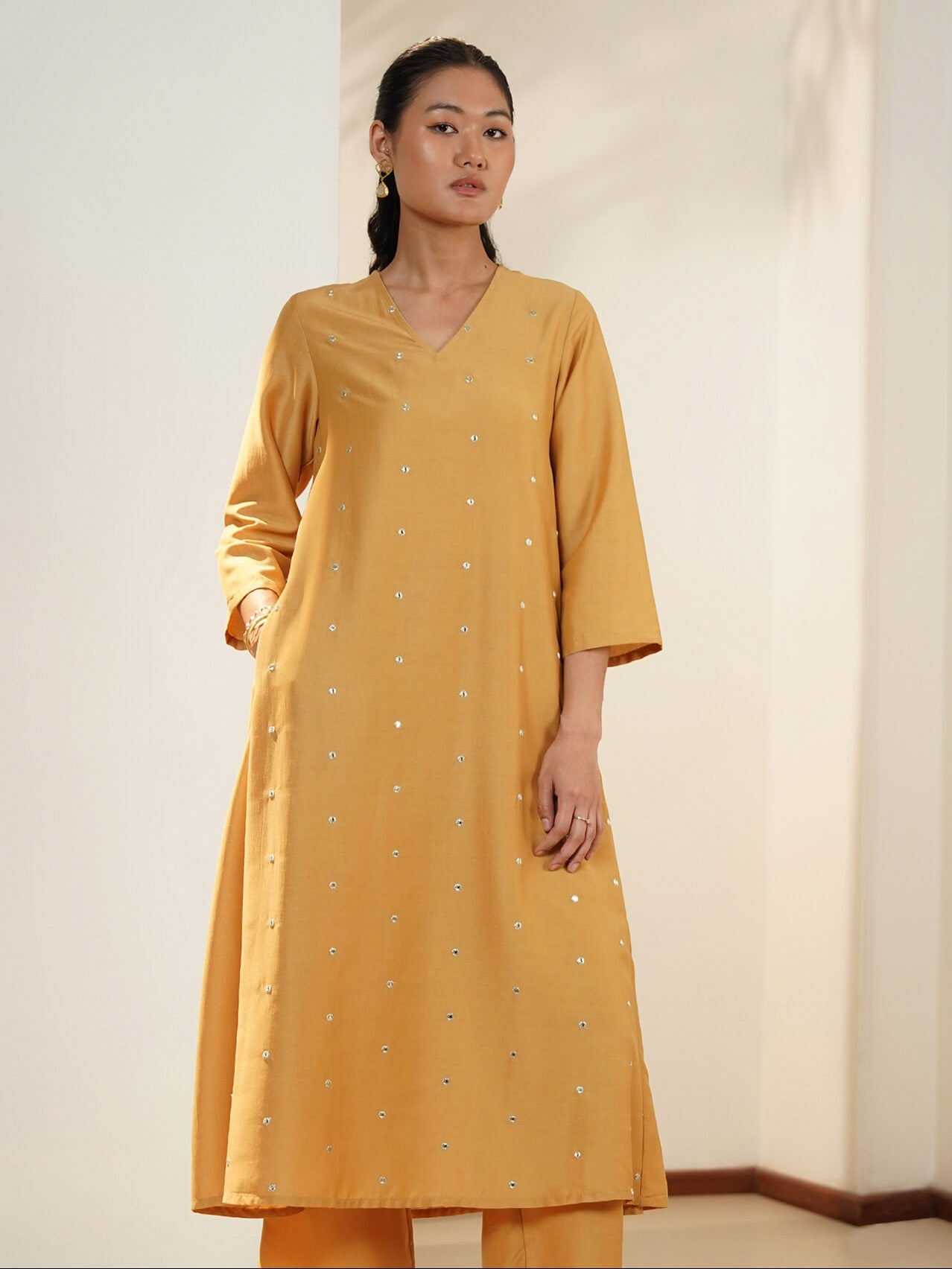 Silk Blend Embroidered A-Line Kurta Set - Yellow