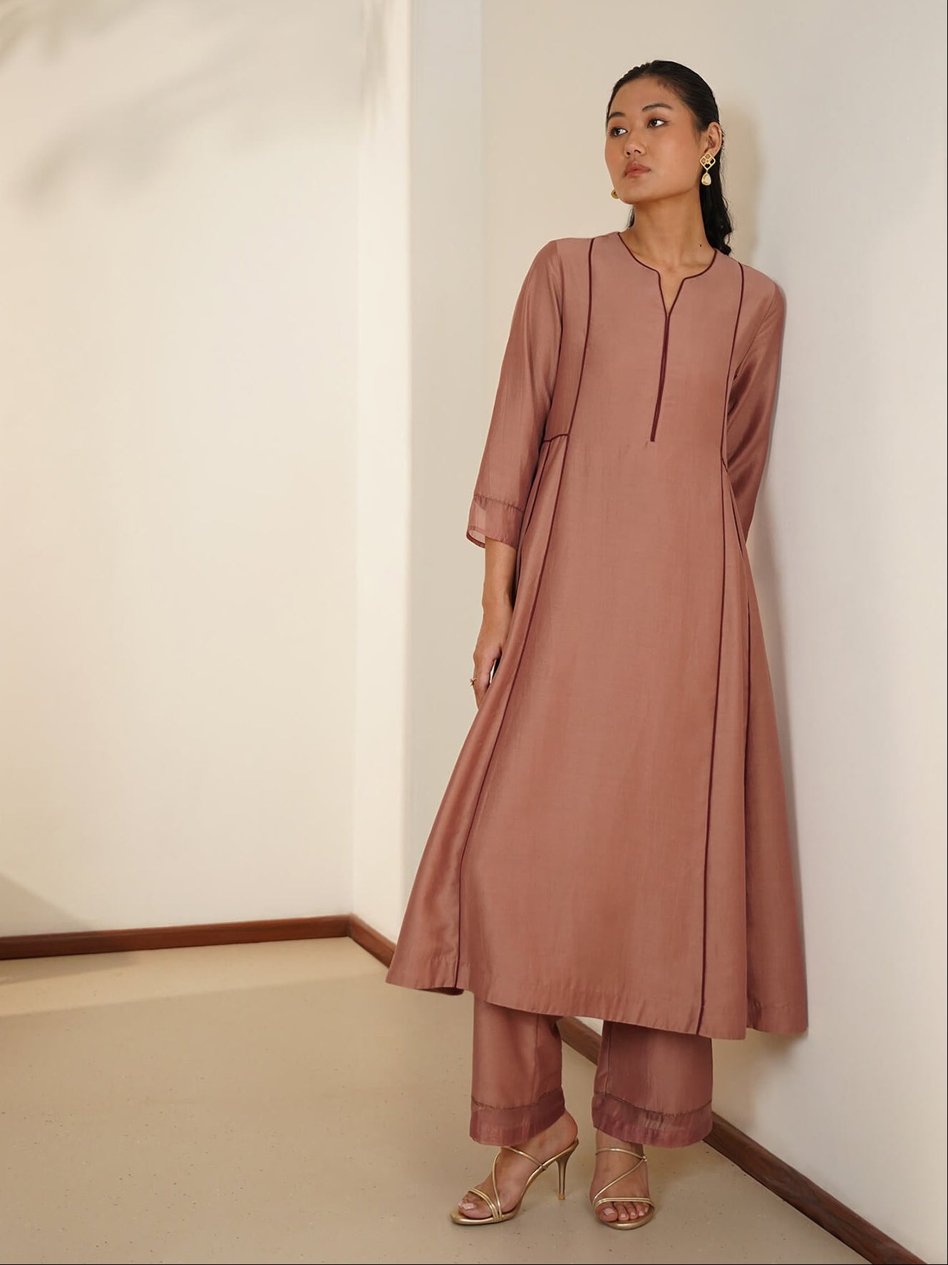 Silk Blend A-Line Kurta Set - Bronze