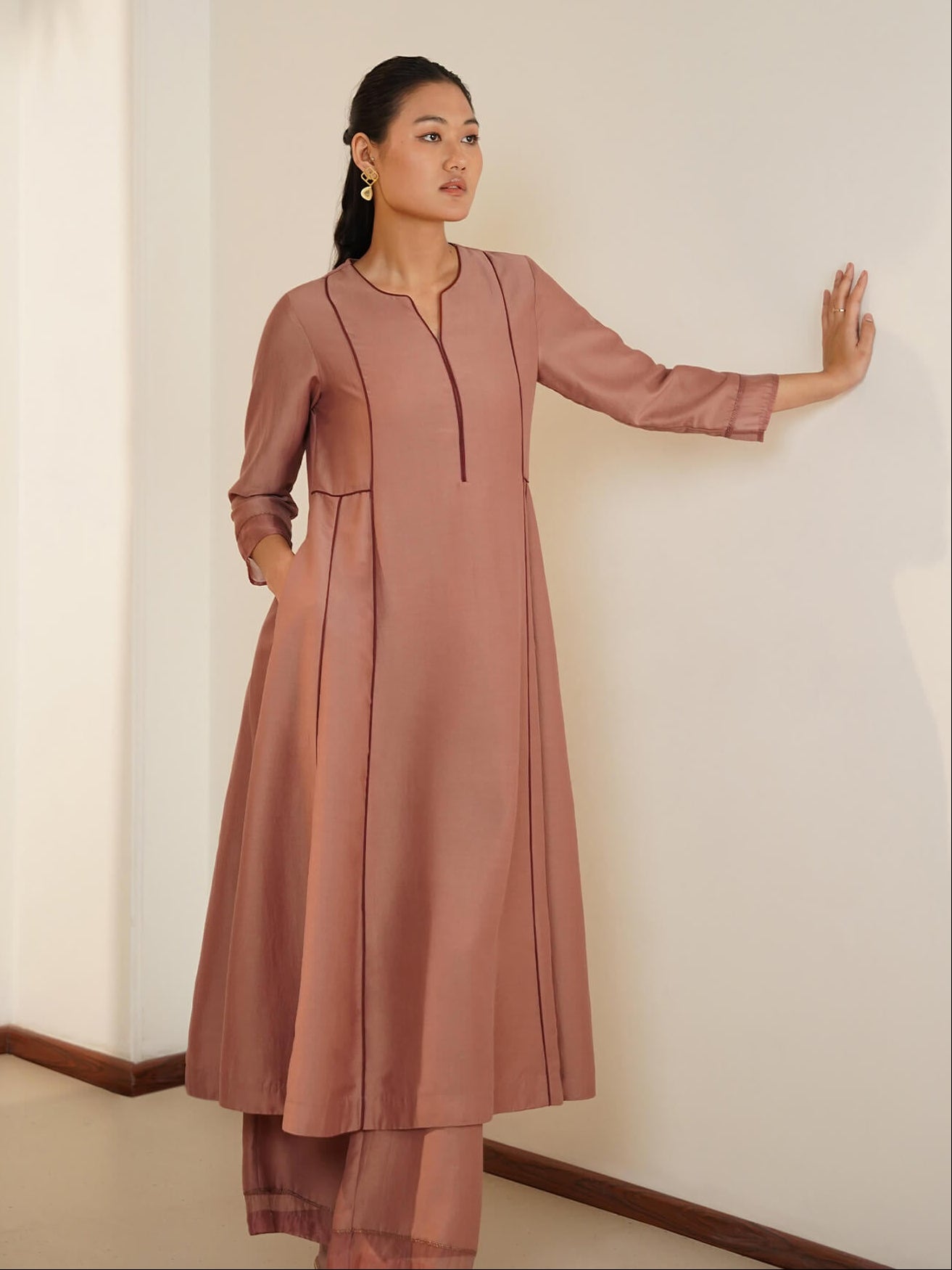 Silk Blend A-Line Kurta Set - Bronze