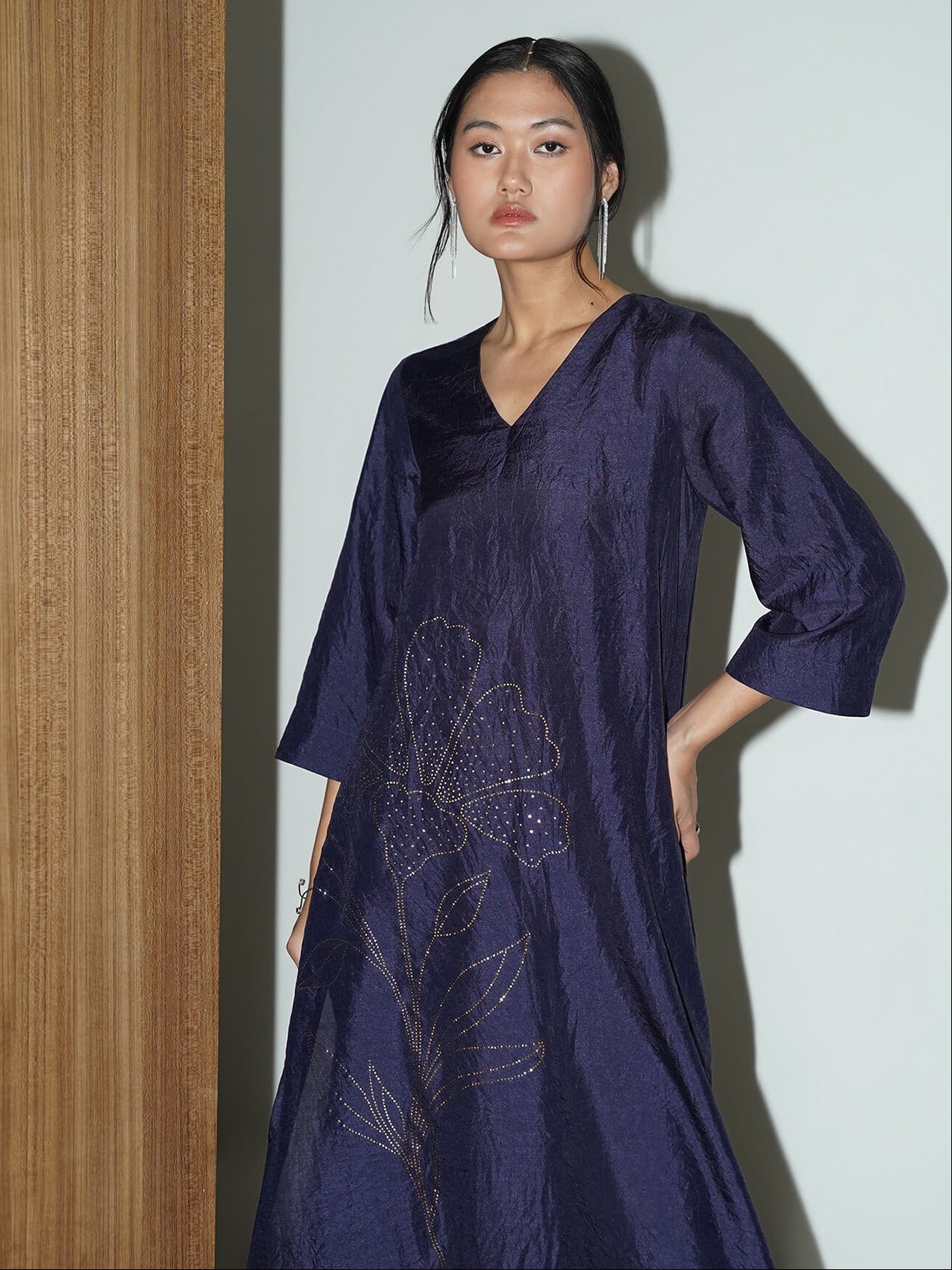 Silk Blend Floral Kurta Set - Navy Blue