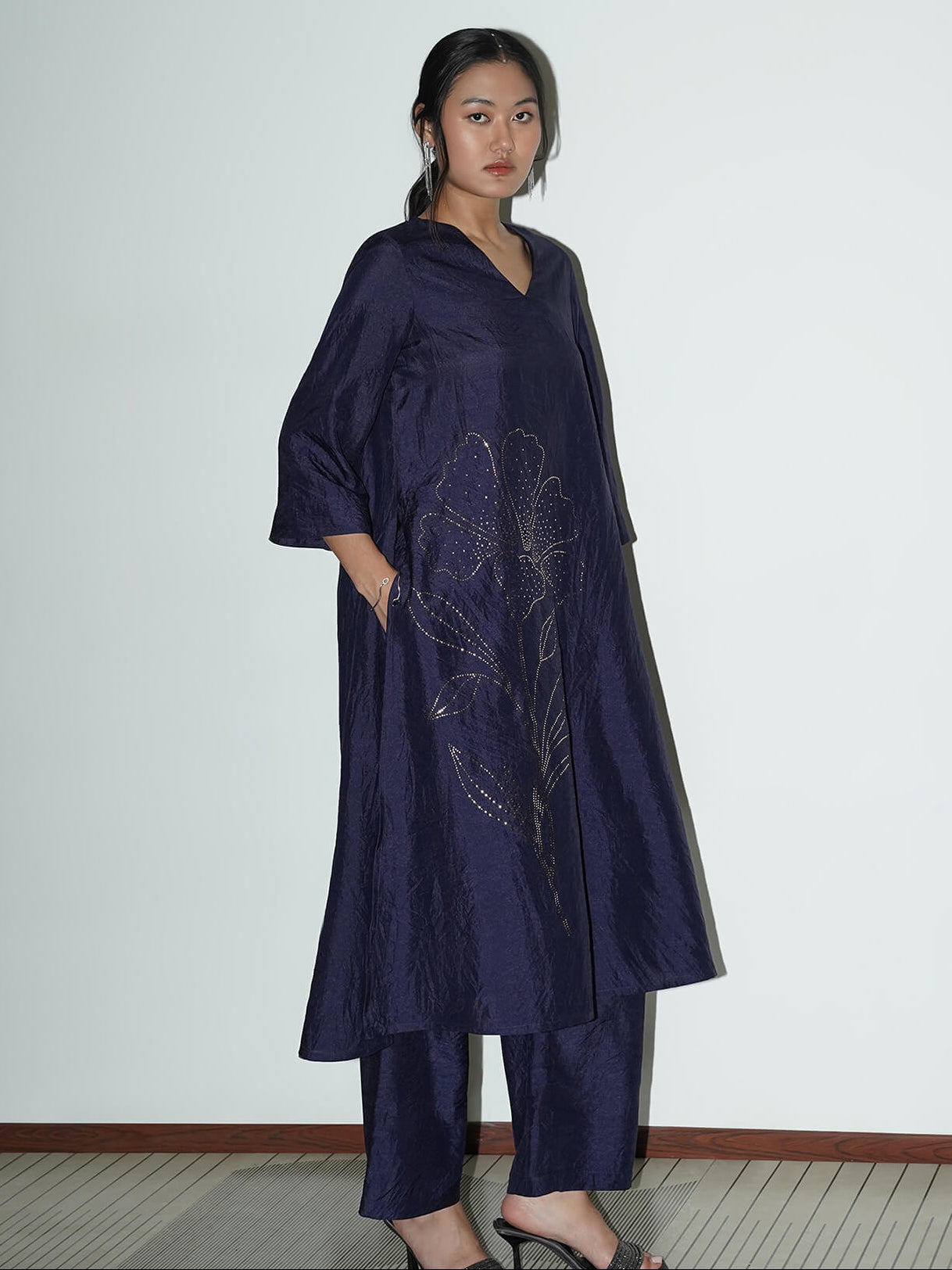 Silk Blend Floral Kurta Set - Navy Blue
