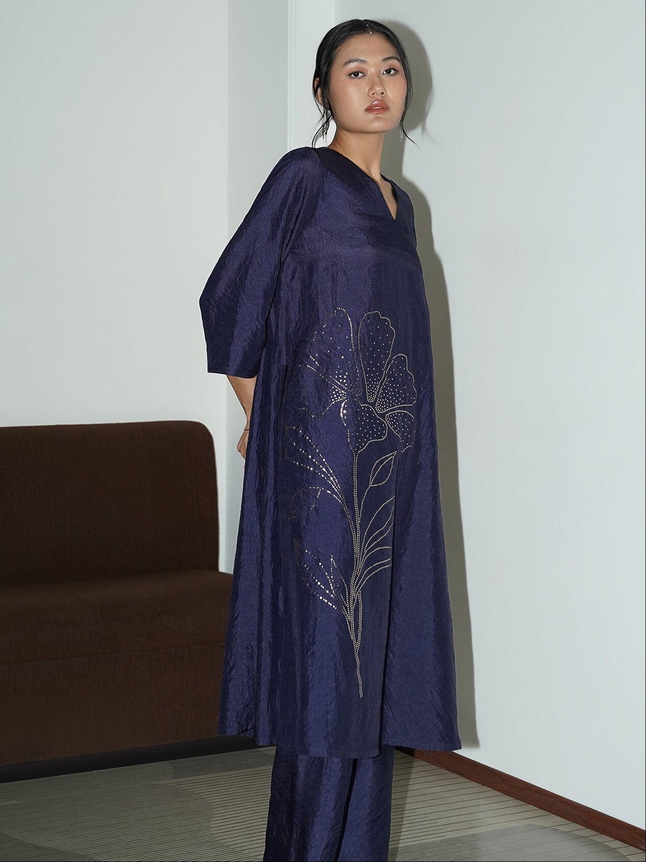 Silk Blend Floral Kurta Set - Navy Blue