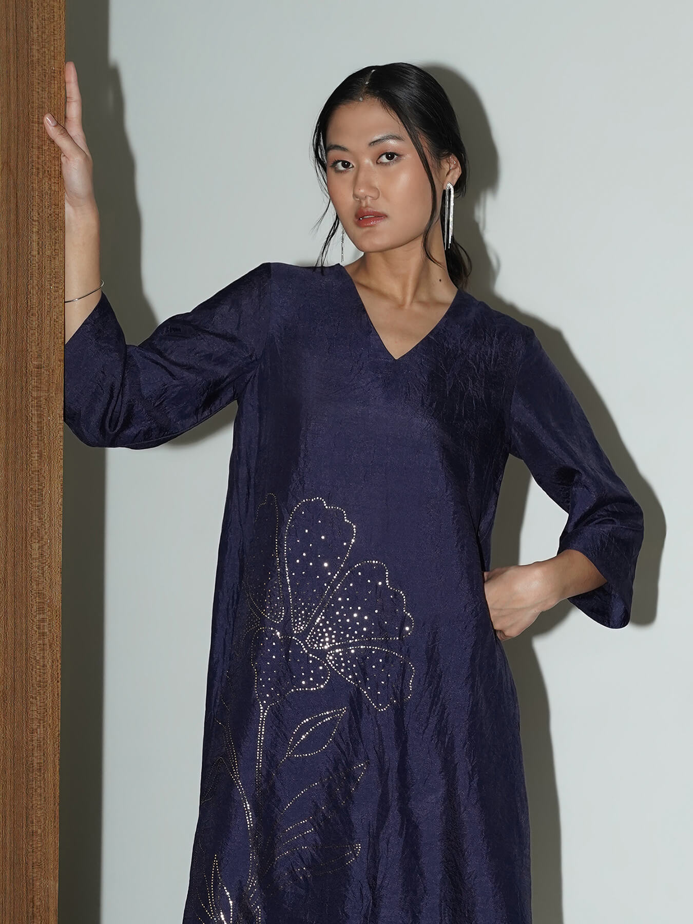 Silk Blend Floral Kurta Set - Navy Blue