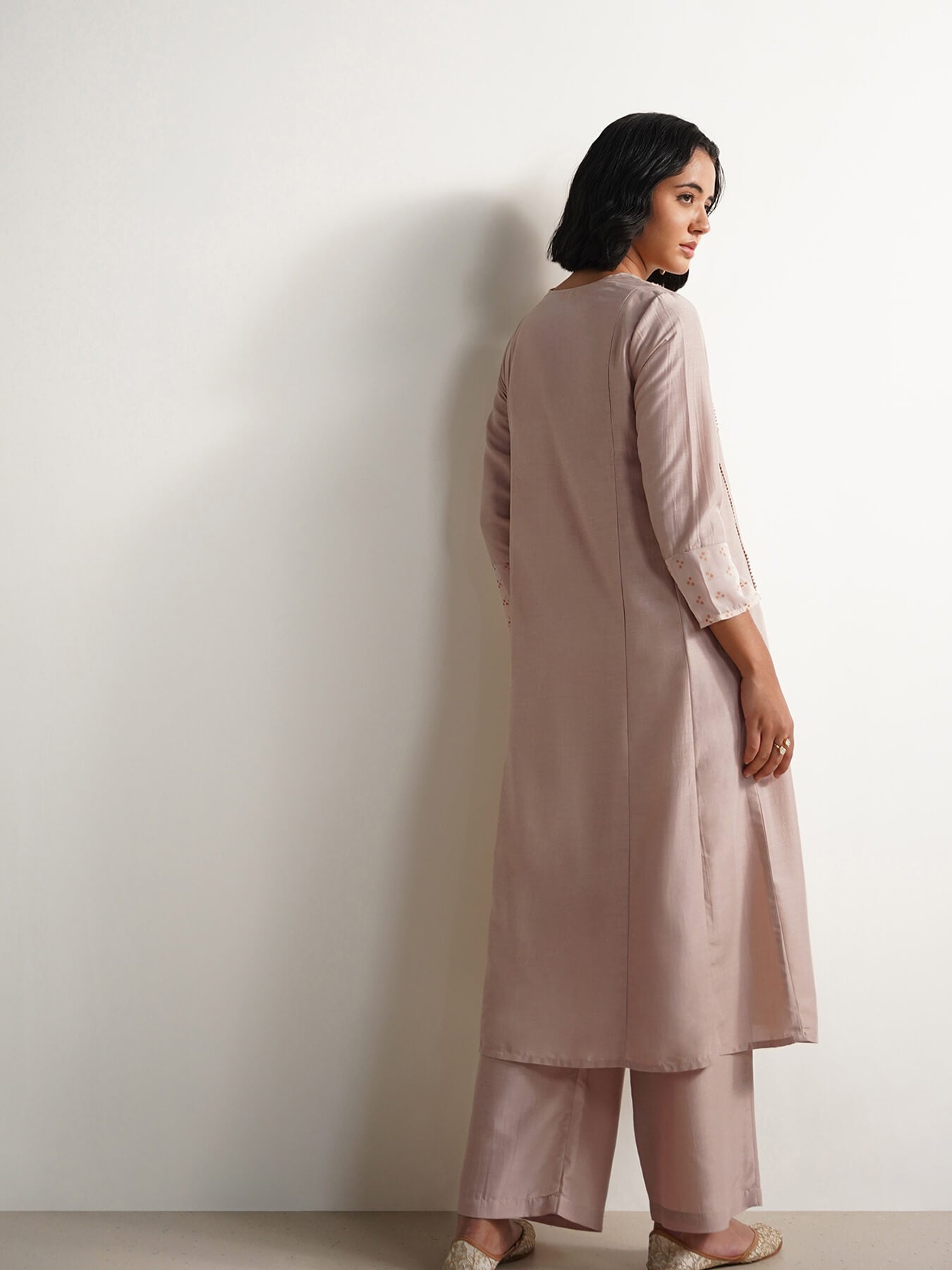 Silk Blend Solid Kurta Set - Beige & Gold