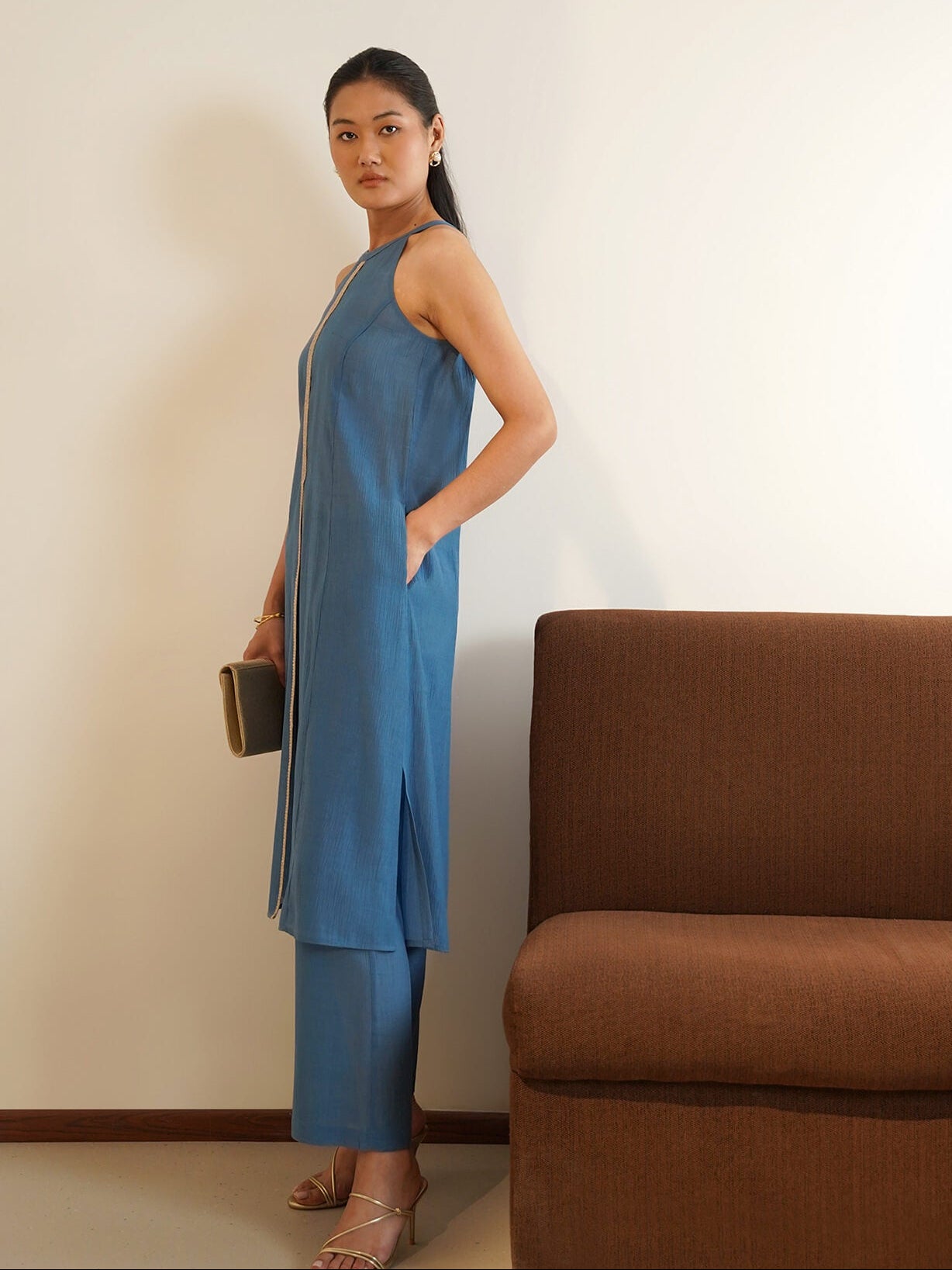 Chiffon Solid Kurta Set - Blue