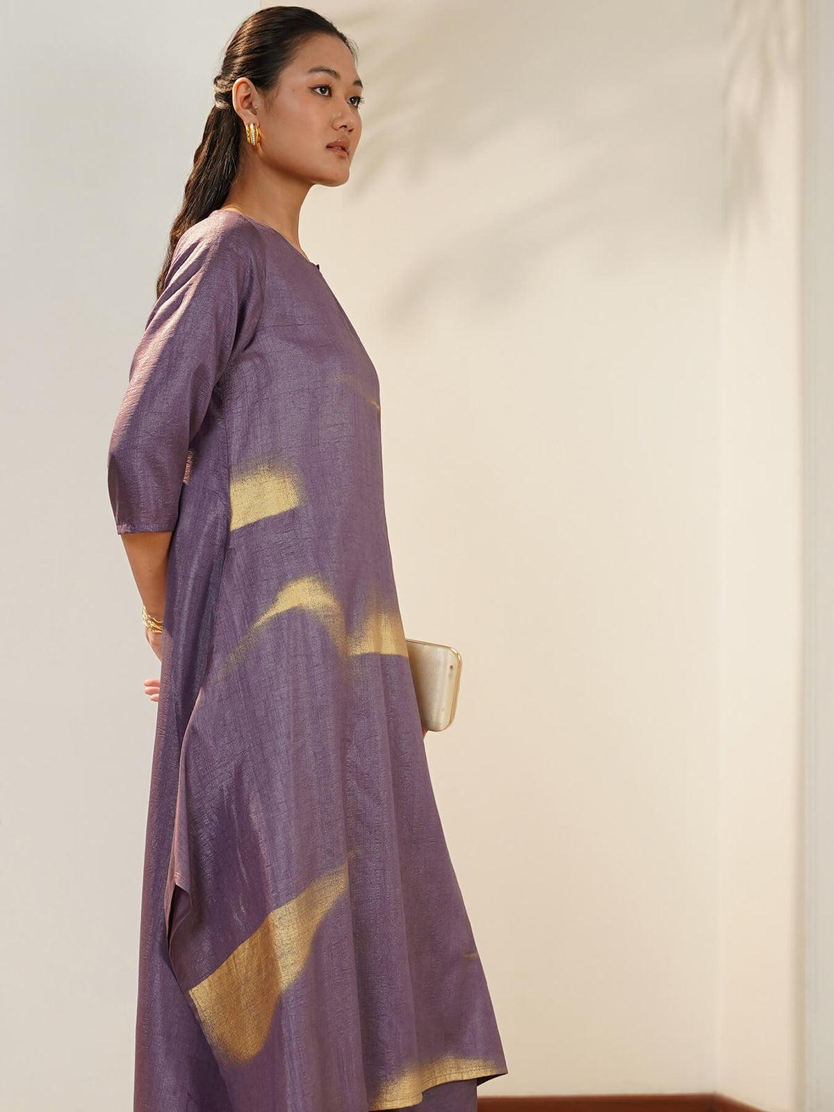 Silk Blend Gold Geometric Print Kurta Set - Purple