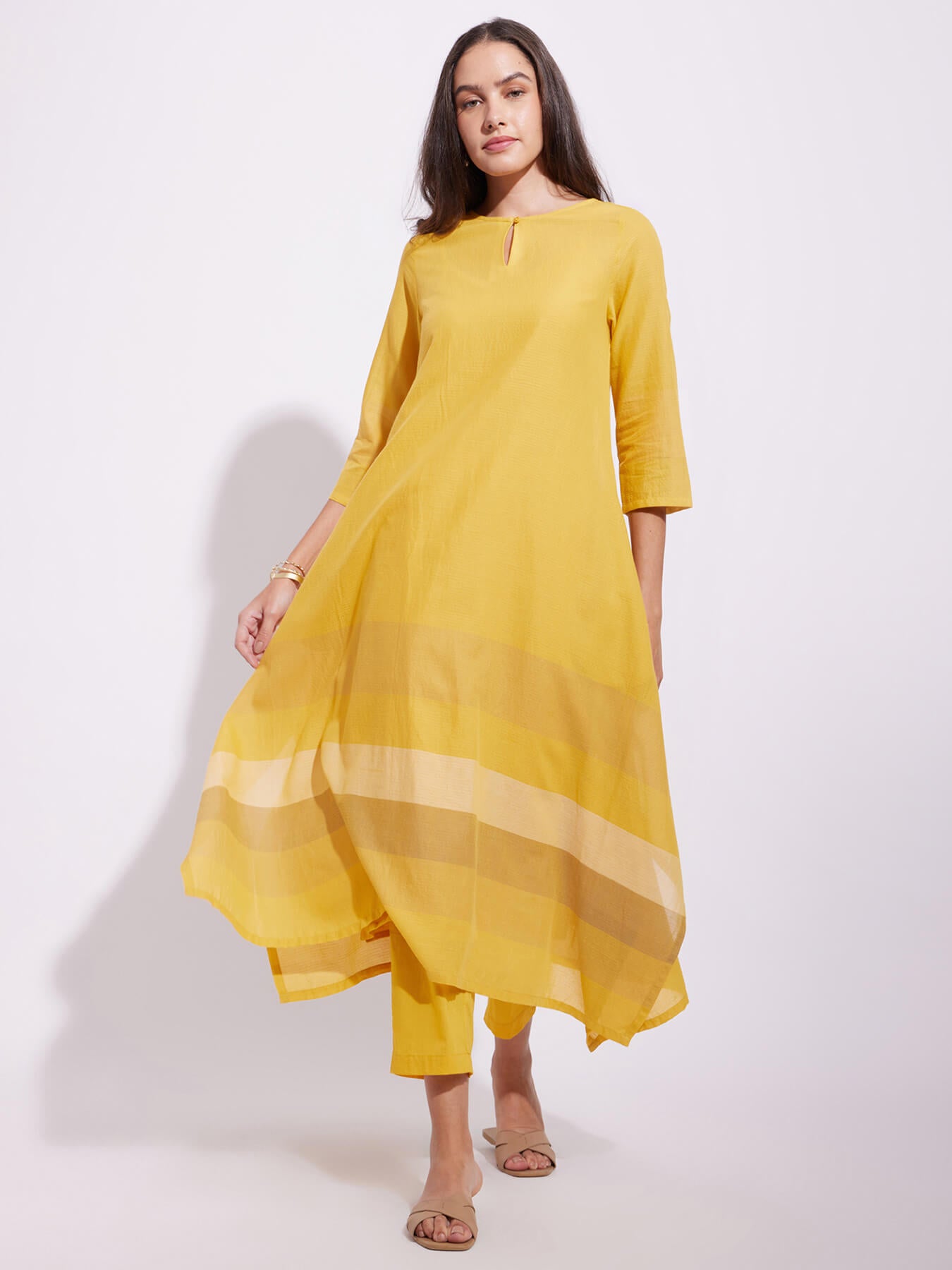 Cotton Stripe Play Asymmetrical Kurta Set - Yellow