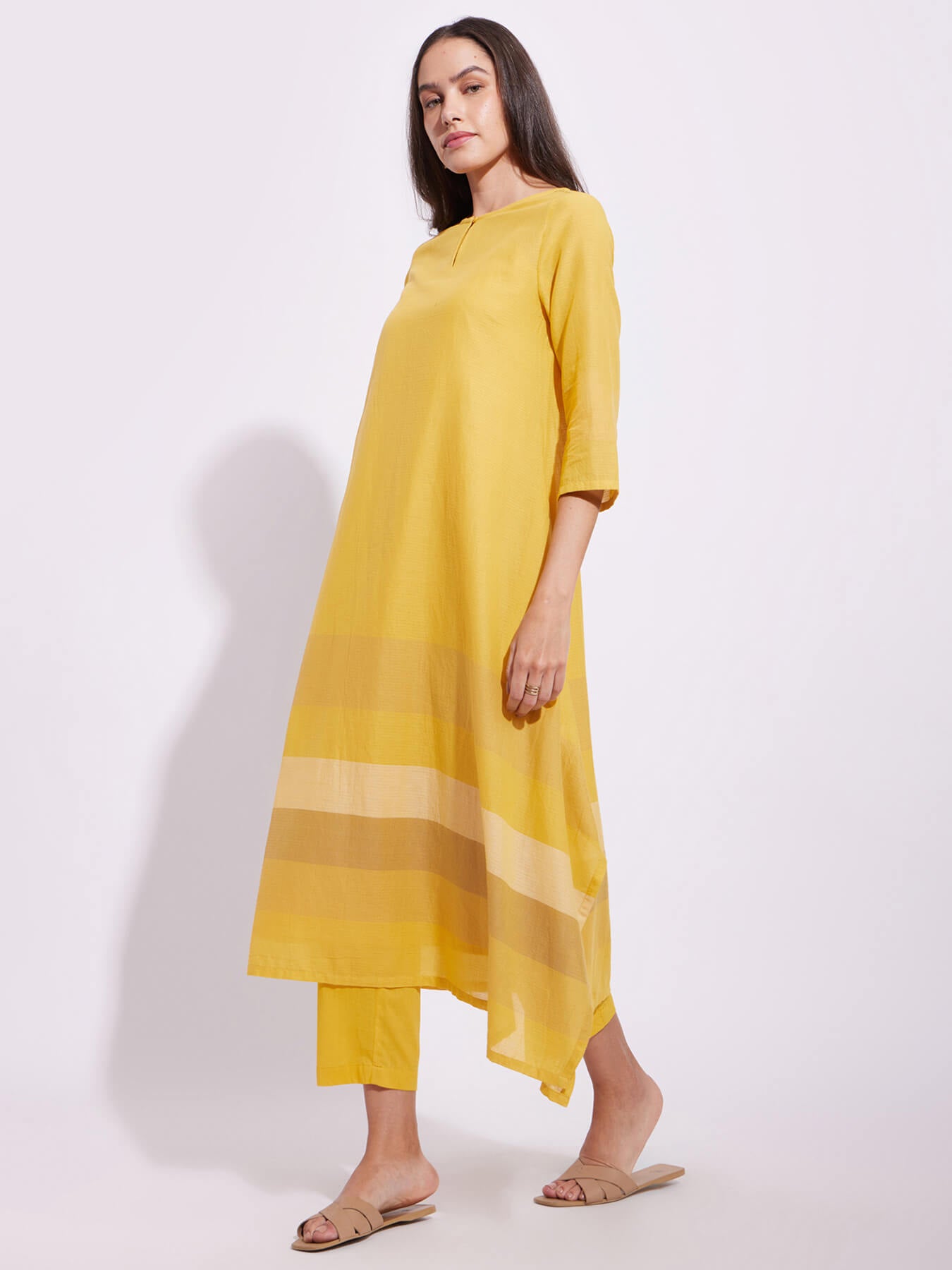 Cotton Stripe Play Asymmetrical Kurta Set - Yellow