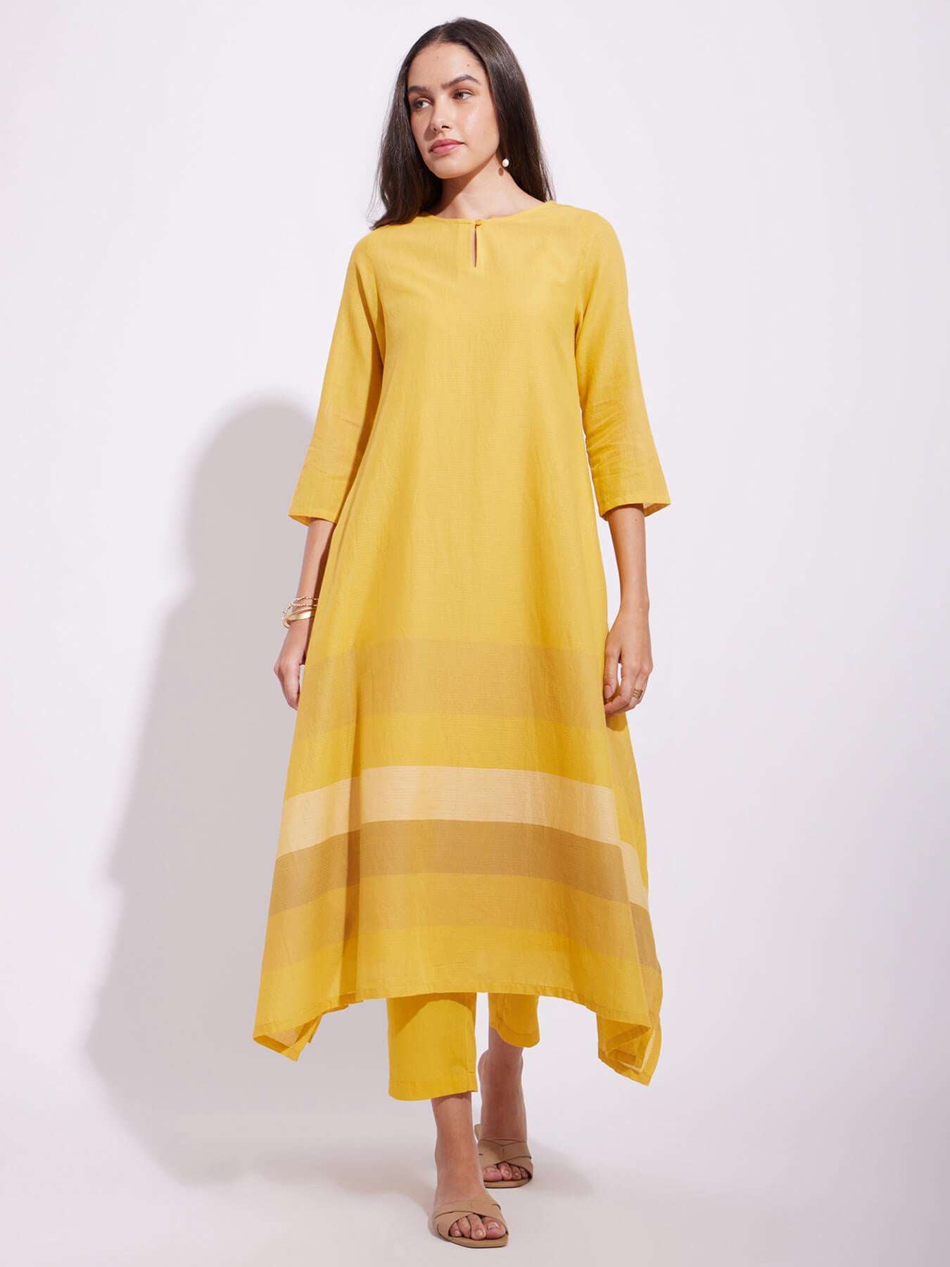 Cotton Stripe Play Asymmetrical Kurta Set - Yellow