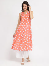 Polka Print A-Line Kurta Set - Peach & White