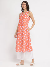 Polka Print A-Line Kurta Set - Peach & White