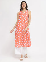 Polka Print A-Line Kurta Set - Peach & White