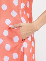 Polka Print A-Line Kurta Set - Peach & White