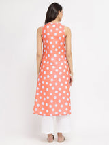 Polka Print A-Line Kurta Set - Peach & White