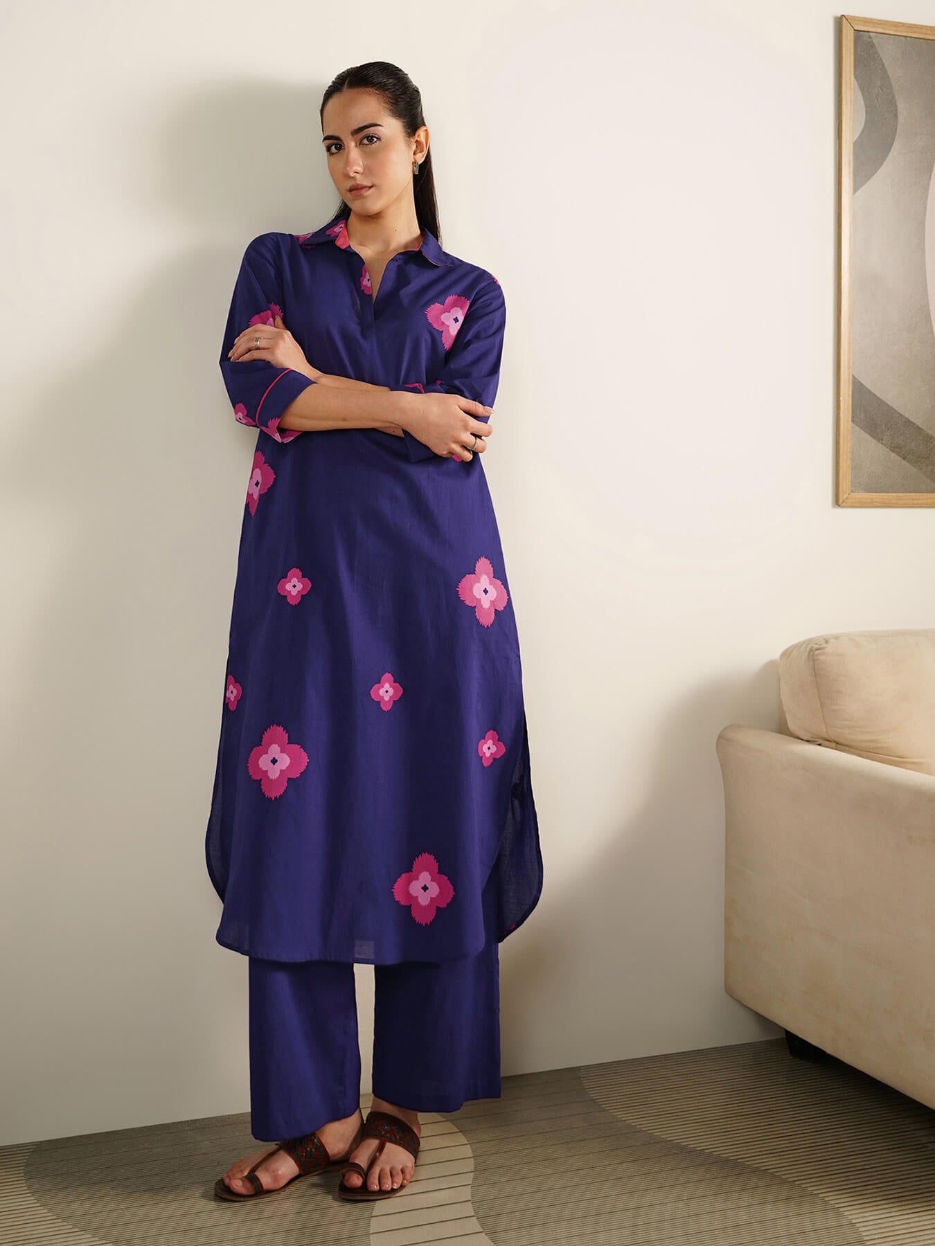 Cotton Ethnic Motif Shirt Collar Kurta Set - Purple