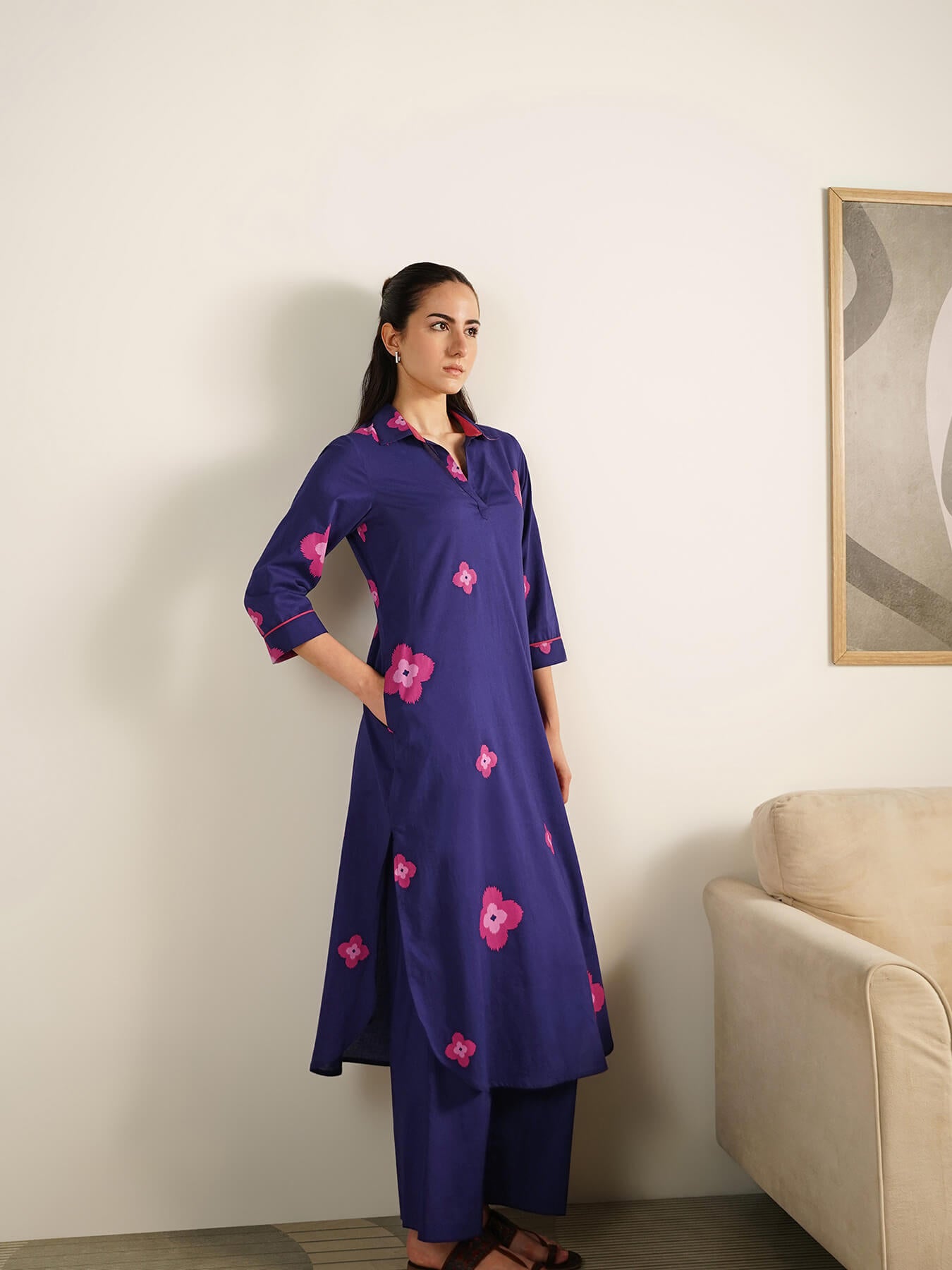 Cotton Ethnic Motif Shirt Collar Kurta Set - Purple