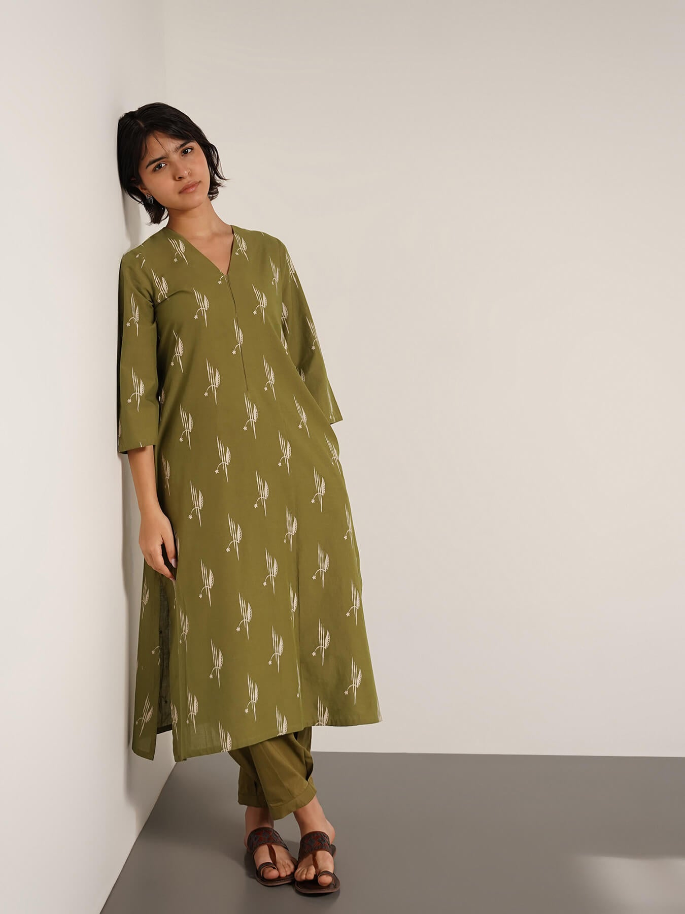 Pure Cotton Ethnic Motif Kurta Set - Olive