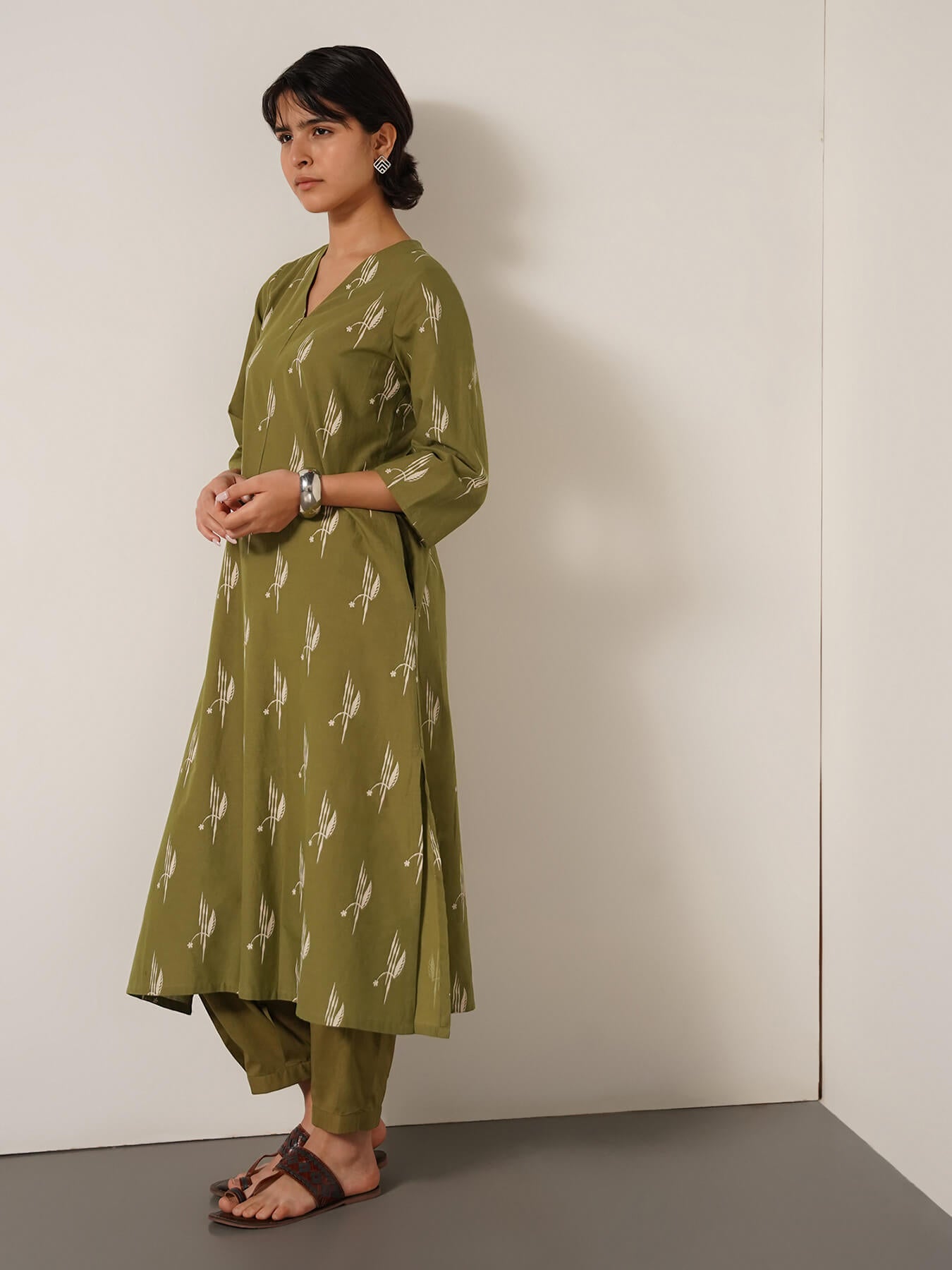 Pure Cotton Ethnic Motif Kurta Set - Olive