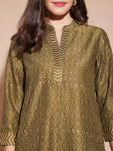 Viscose Geometric Khadi Print Kurta Set - Olive
