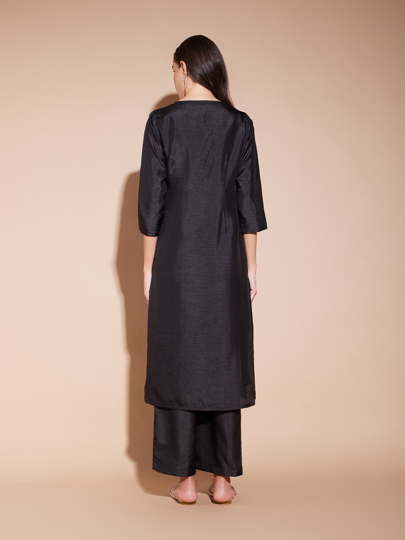 Floral Straight Stud Detail Kurta Set - Black