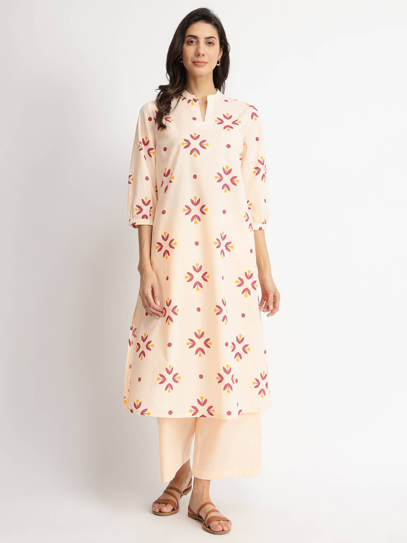 Cotton Floral Motif Kurta Set - Off-White & Red