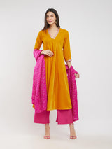 Velvet Flared Kurta Set - Yellow & Fuchsia