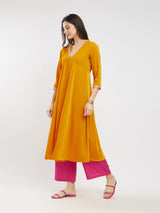Velvet Flared Kurta Set - Yellow & Fuchsia
