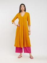 Velvet Flared Kurta Set - Yellow & Fuchsia