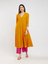 Velvet Flared Kurta Set - Yellow & Fuchsia