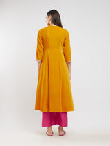 Velvet Flared Kurta Set - Yellow & Fuchsia