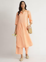 Luxe-Textured Cotton Solid Kurta Set - Orange