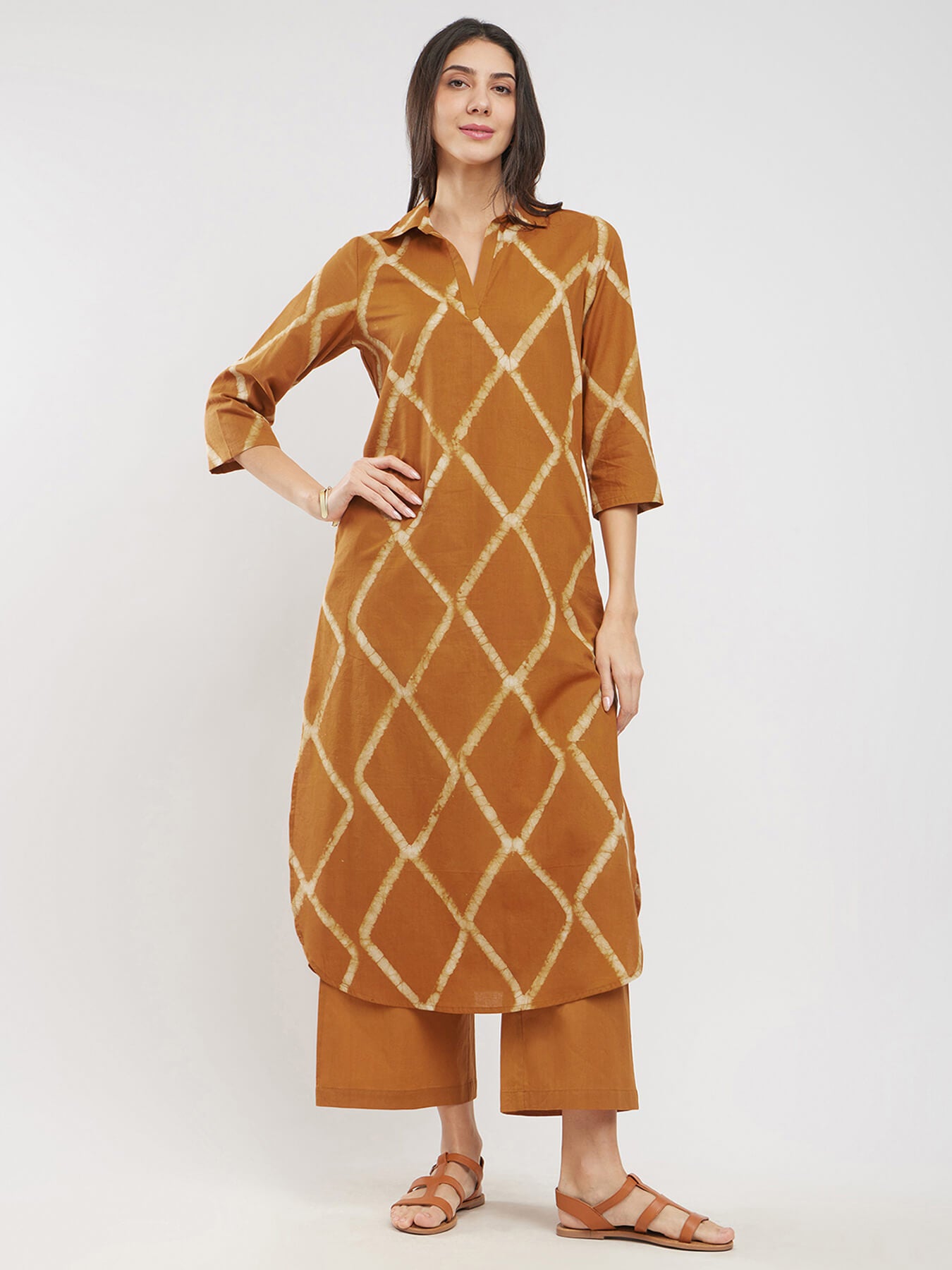 Cotton Dabu Geometric Kurta Set - Mustard